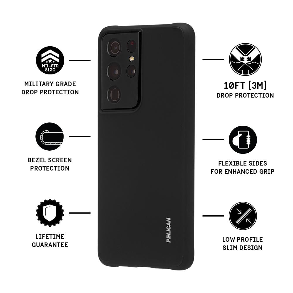 Features Military grade drop protection, bezel screen protection, lifetime guarantee, 10 FT drop protection, flexible sides for enhanced grip, low profile slim design. color::Black