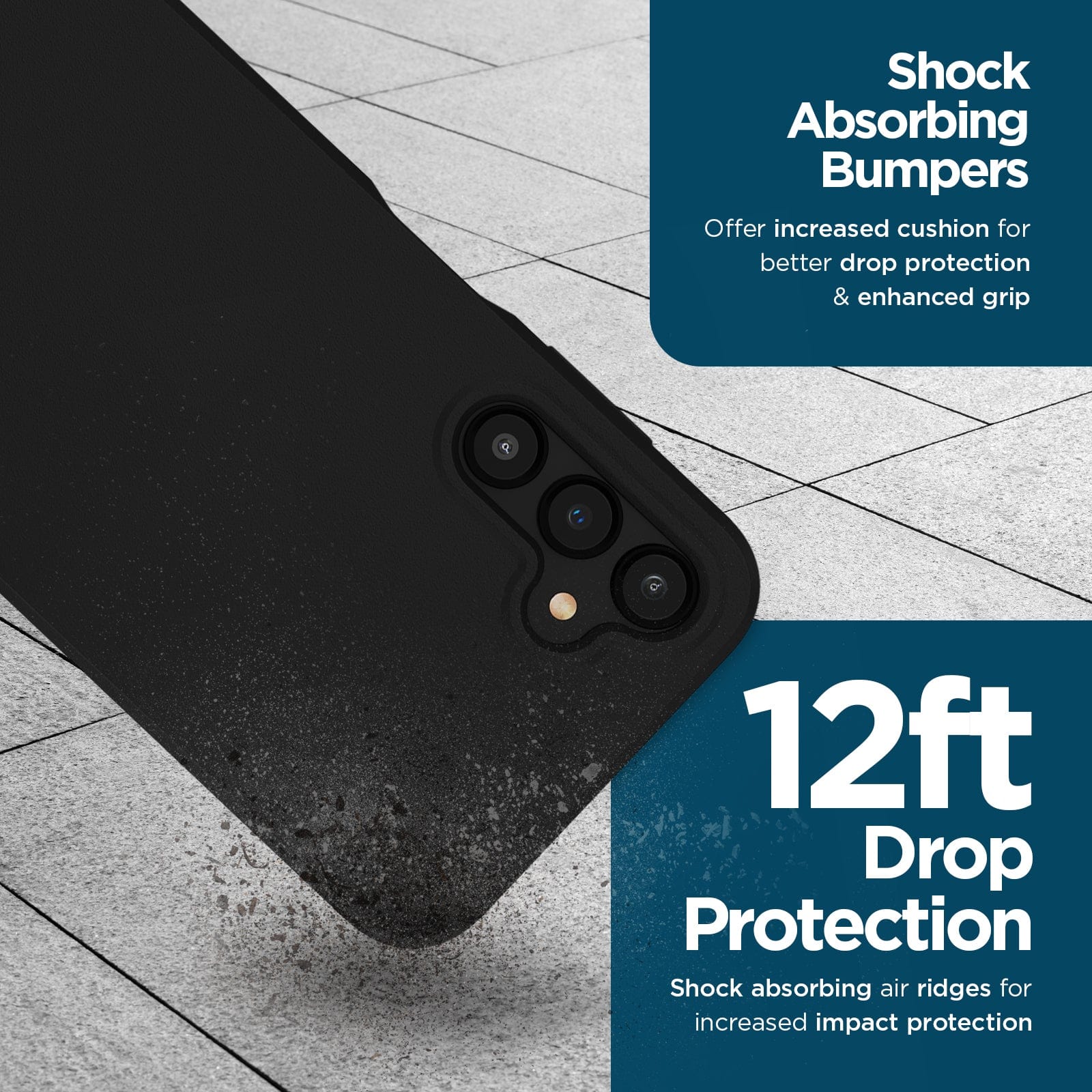 Shock absorbing bumpers. Offer increased cushion for better drop protection & enhanced grip. 12ft drop protection. Shock absorbing air ridges for increased impact protection. 