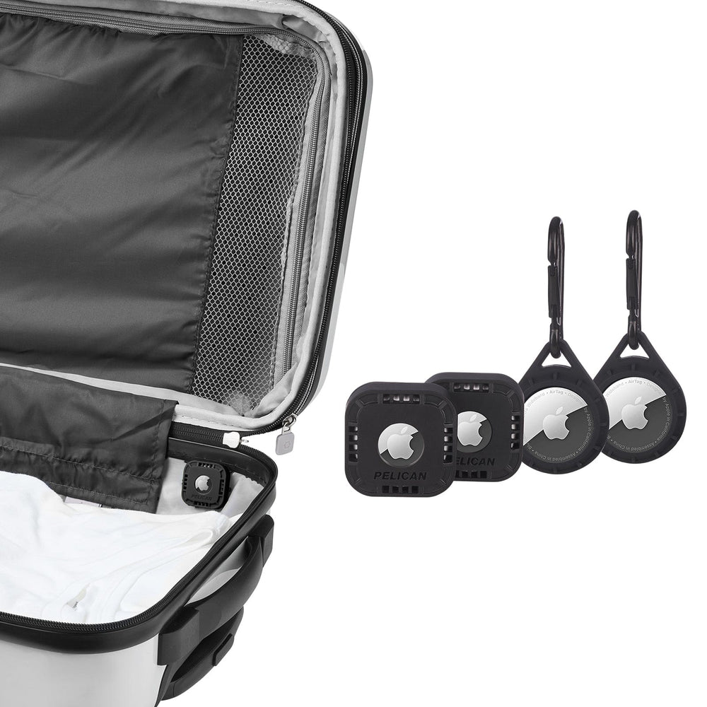 Four black Pelican AirTag cases with white Apple logo windows, two square with attachment loops and two circular with carabin