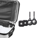Four black Pelican AirTag cases with white Apple logo windows, two square with attachment loops and two circular with carabin