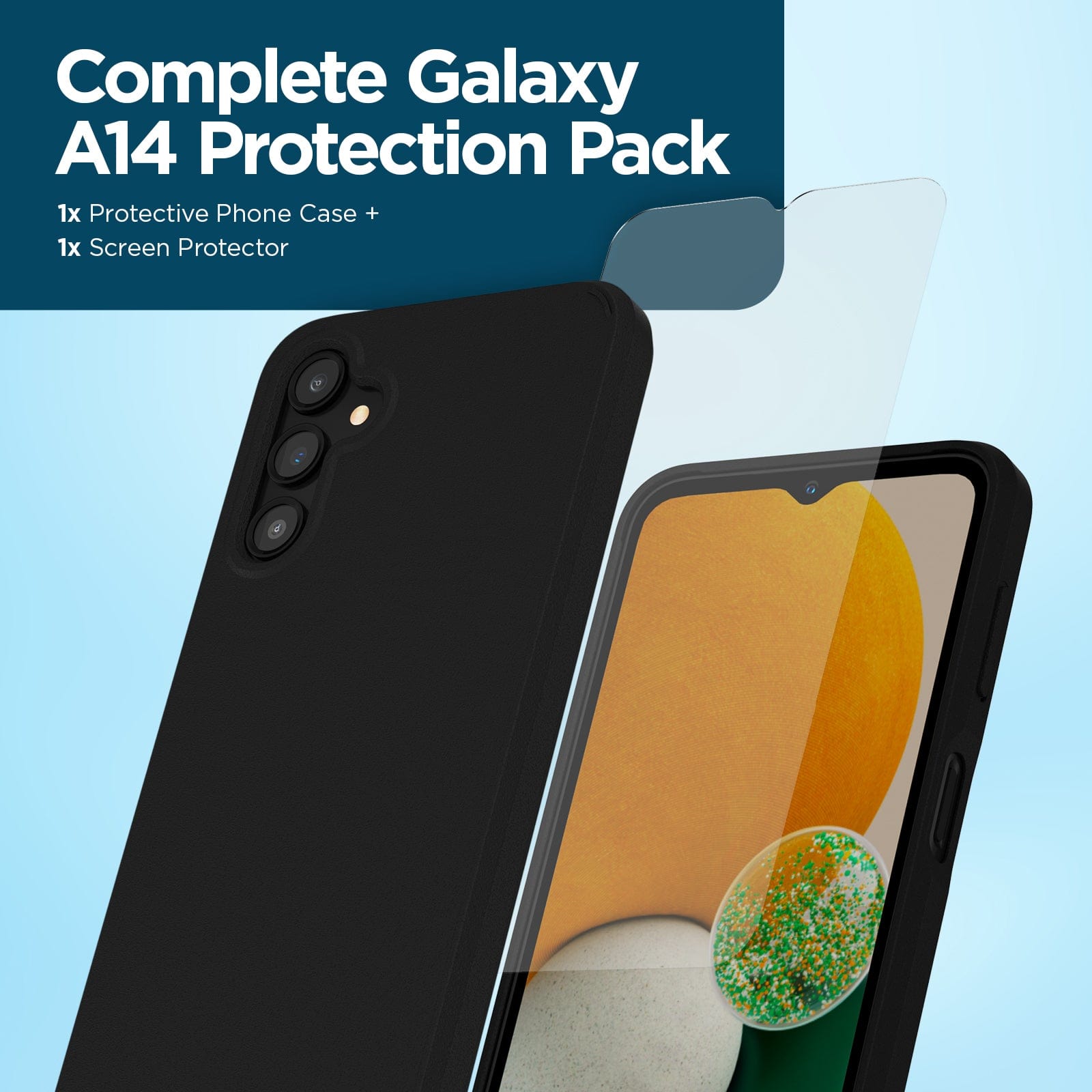 Complete Galaxy A14 Protection Pack. 1x Protective Phone Case + 1x Screen Protector