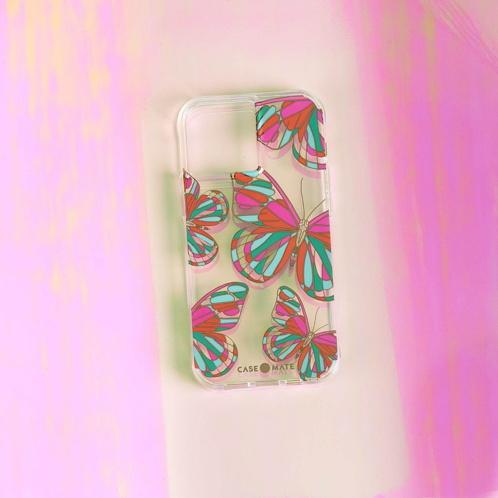 Butterfly printed case for iPhone 13 mini on pink background. color::Butterflies