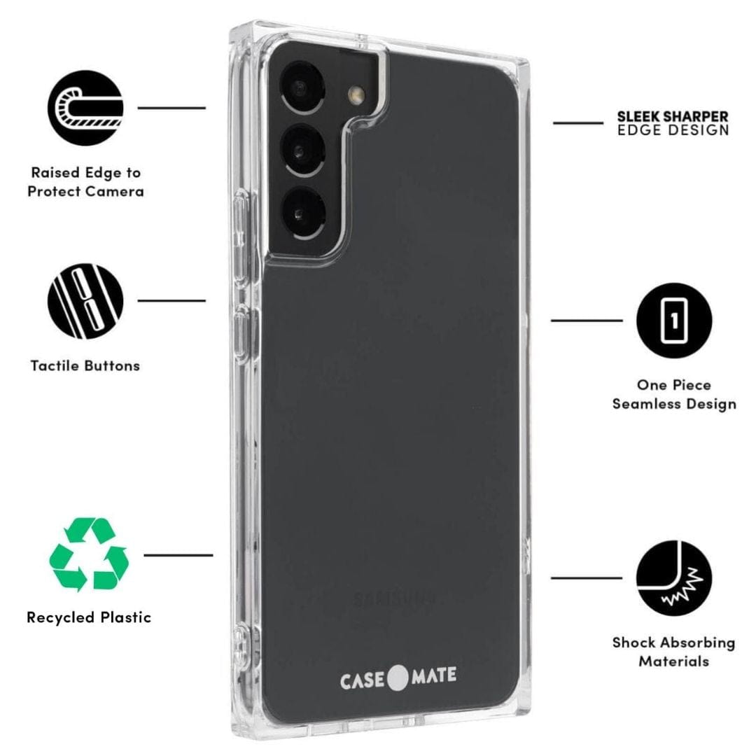 FEATURES: RAISED EDGE TO PROTECT CAMERA, TACTILE BUTTONS, RECYCLED PLASTIC, SLEEK SHARPER EDGE DESIGN, ONE PIECE SEAMLESS DESIGN, SHOCK ABSORBING MATERIALS. COLOR::CLEAR