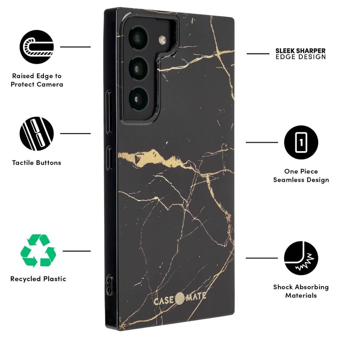 FEATURES: RAISED EDGE TO PROTECT CAMERA, TACTILE BUTTONS, RECYCLED PLASTIC, SLEEK SHARPER EDGE DESIGN, ONE PIECE SEAMLESS DESIGN, SHOCK ABSORBING MATERIALS. COLOR::BLACK/GOLD MARBLE