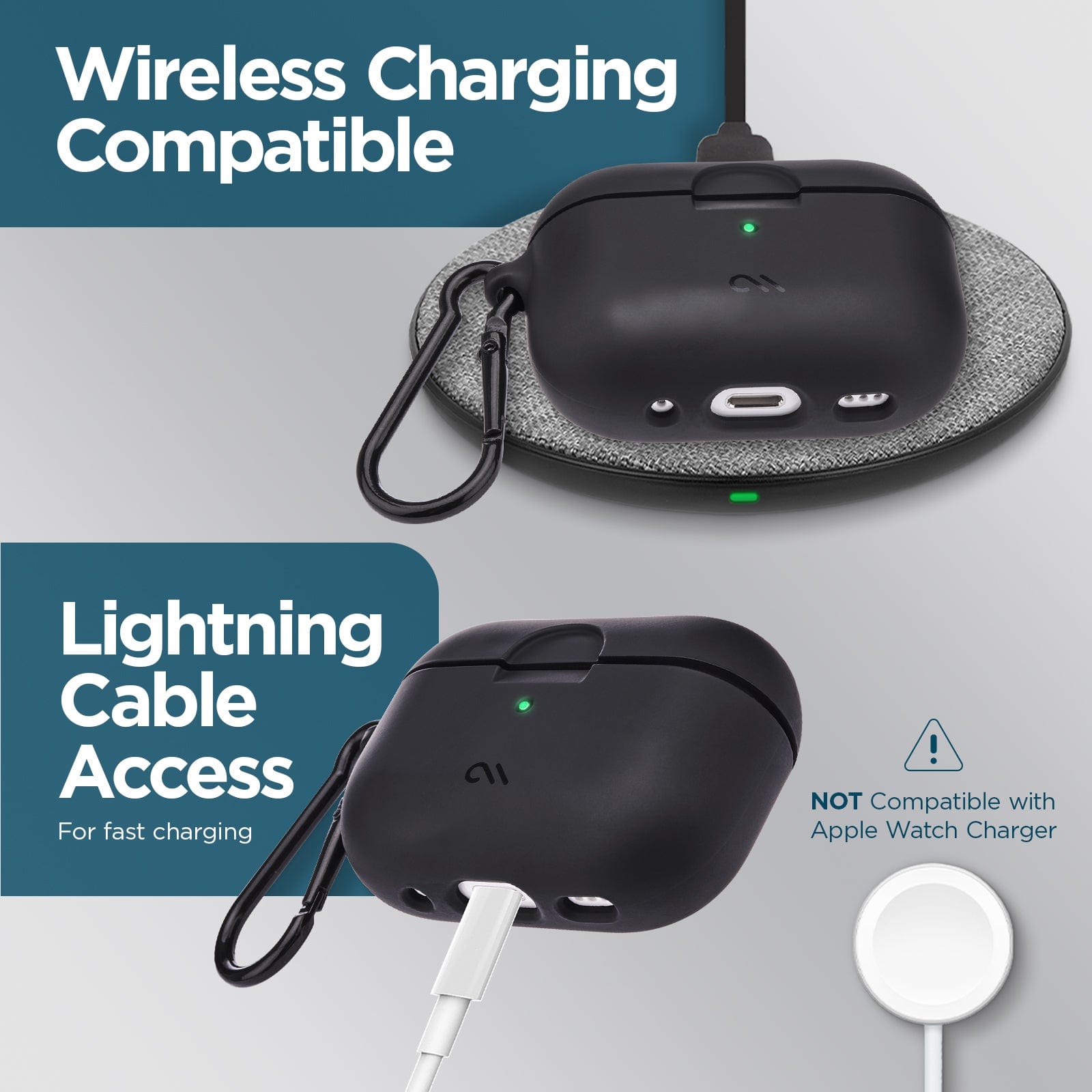 WIRELESS CHARGING COMPATIBLE. LIGHTNING CABLE ACCESS FOR FAST CHARGING. NOT COMPATIBLE WITH APPLE WATCH CHARGER