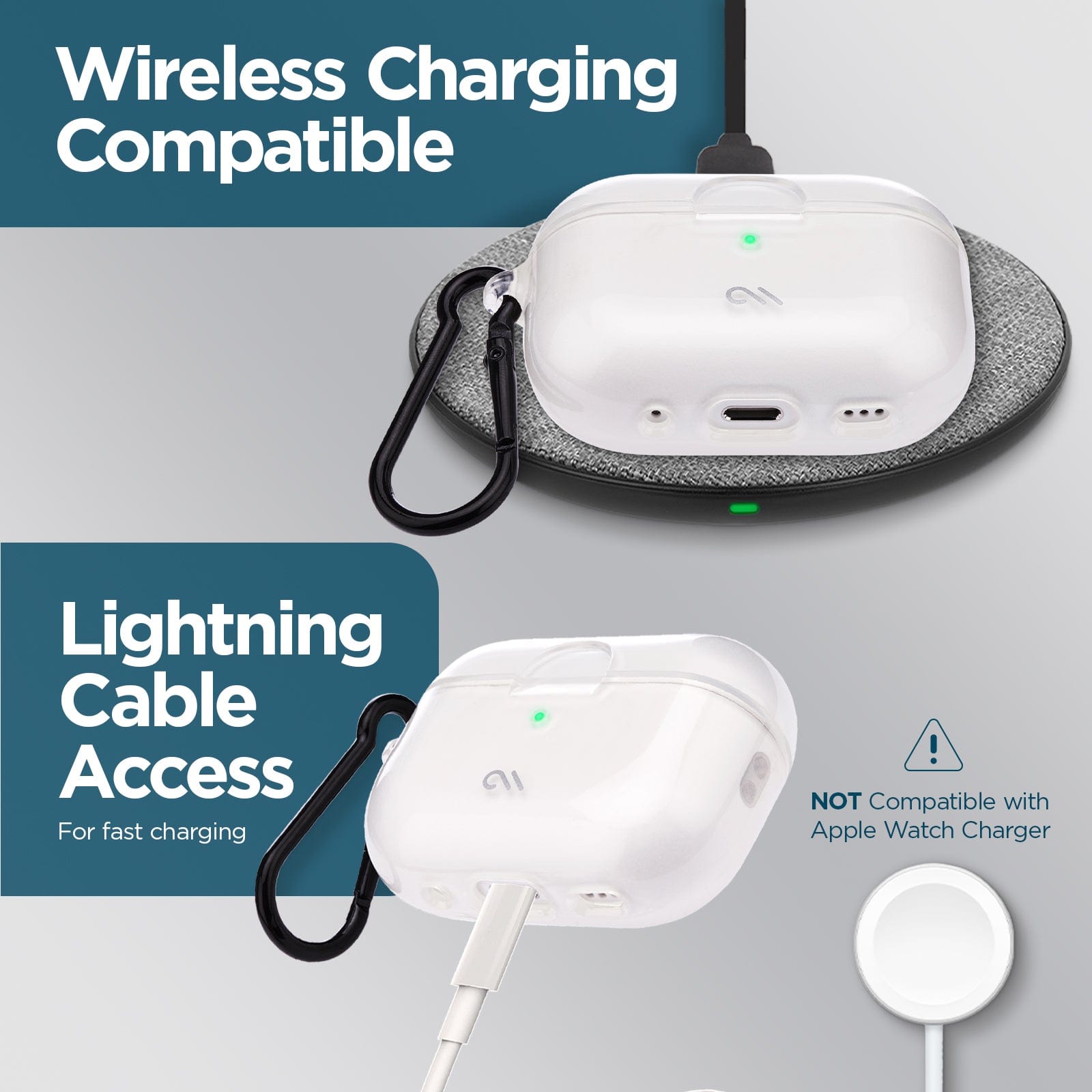 WIRELESS CHARGING COMPATIBLE. LIGHTNING CABLE ACCESS FOR FAST CHARGING. NOT COMPATIBLE WITH APPLE WATCH CHARGER