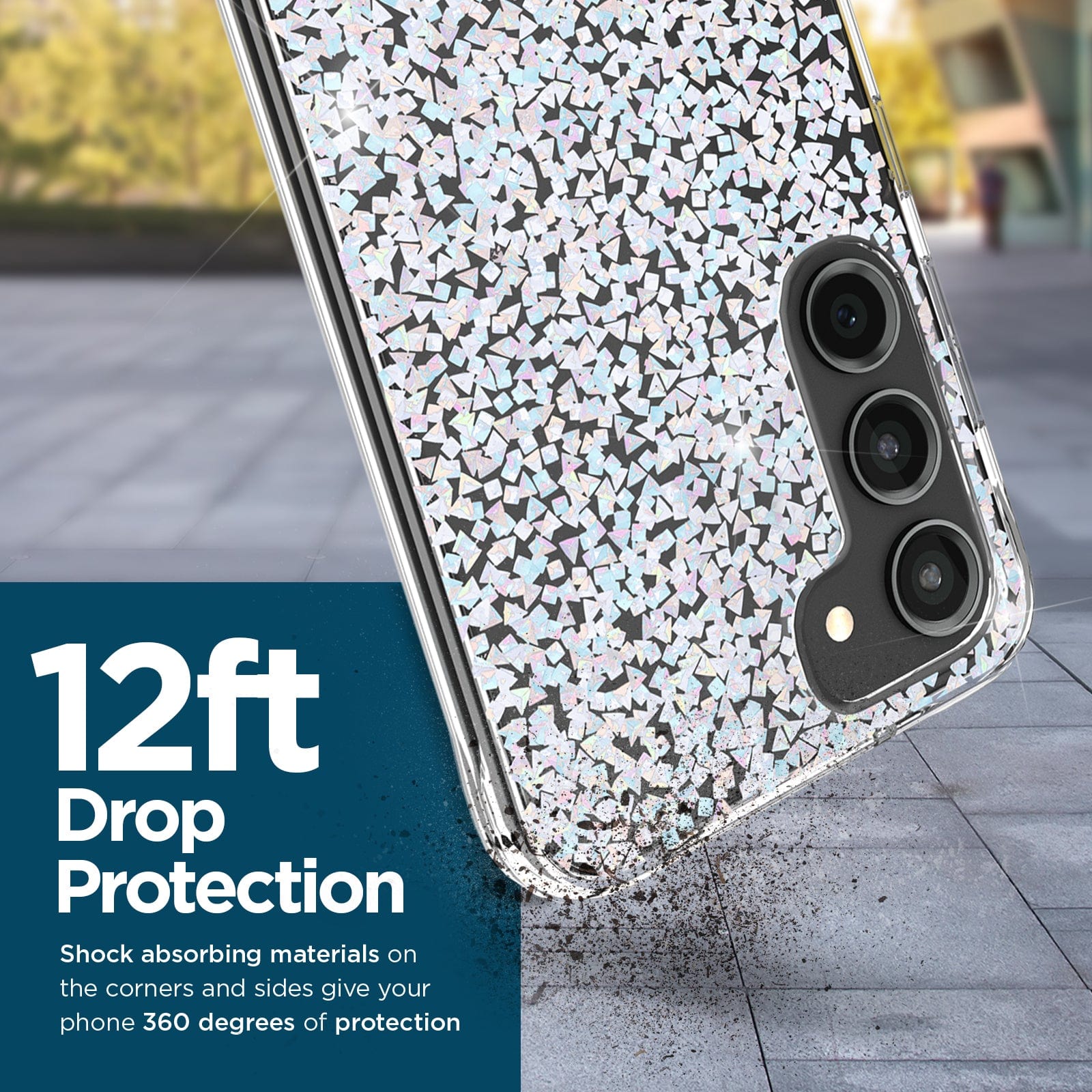 12ft DROP PROTECTION. SHOCK ABSORBING MATERIALS ON THE CORNERS AND SIDES GIVE YOUR PHONE 360 DEGREES OF PROTECTION.