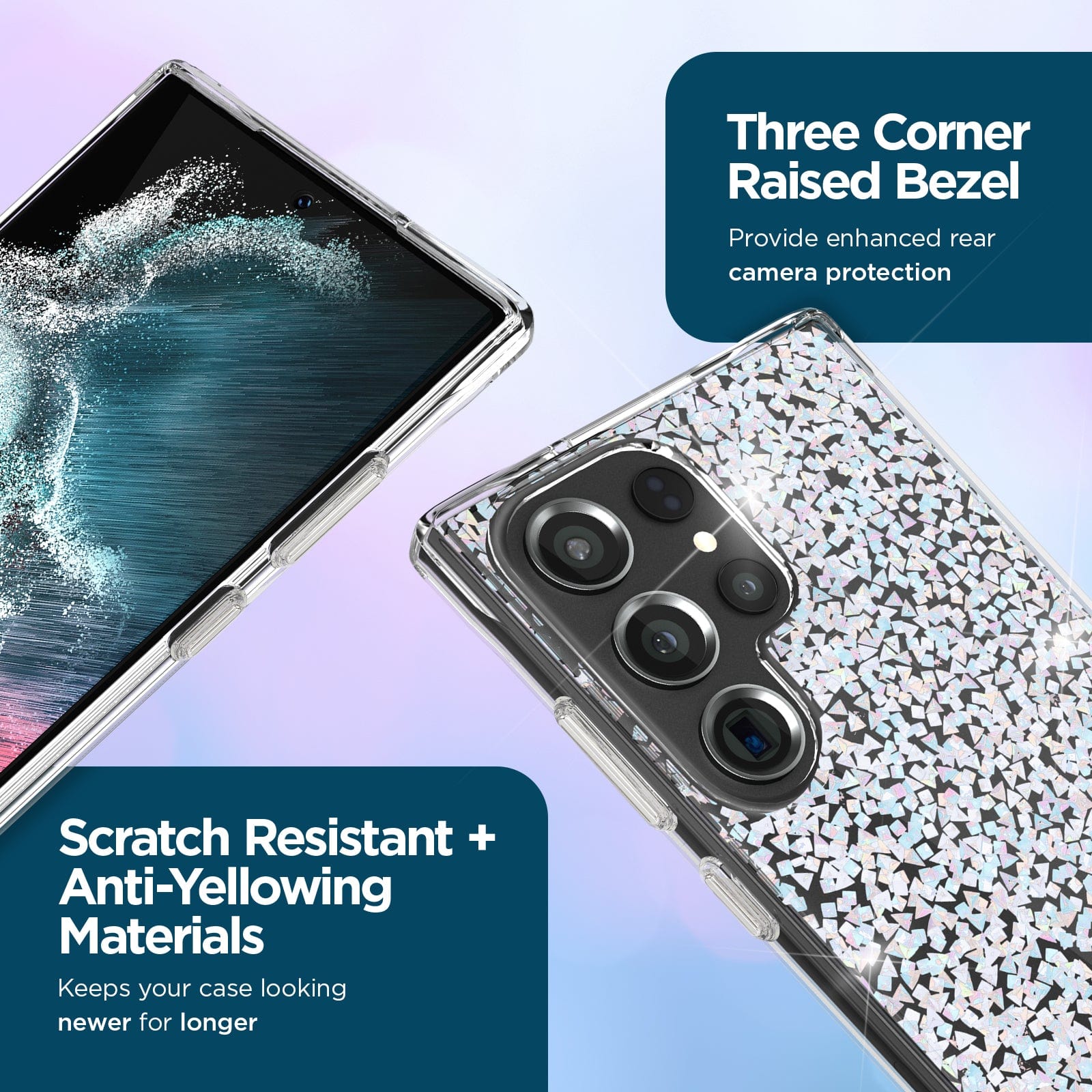 THREE CORNER RAISED BEZEL. PROVIDE ENHANCED REAR CAMERA PROTECTION. SCRATCH RESISTANT + ANTI-YELLOWING MATERIALS. KEEPS YOUR CASE LOOKING NEWER FOR LONGER.