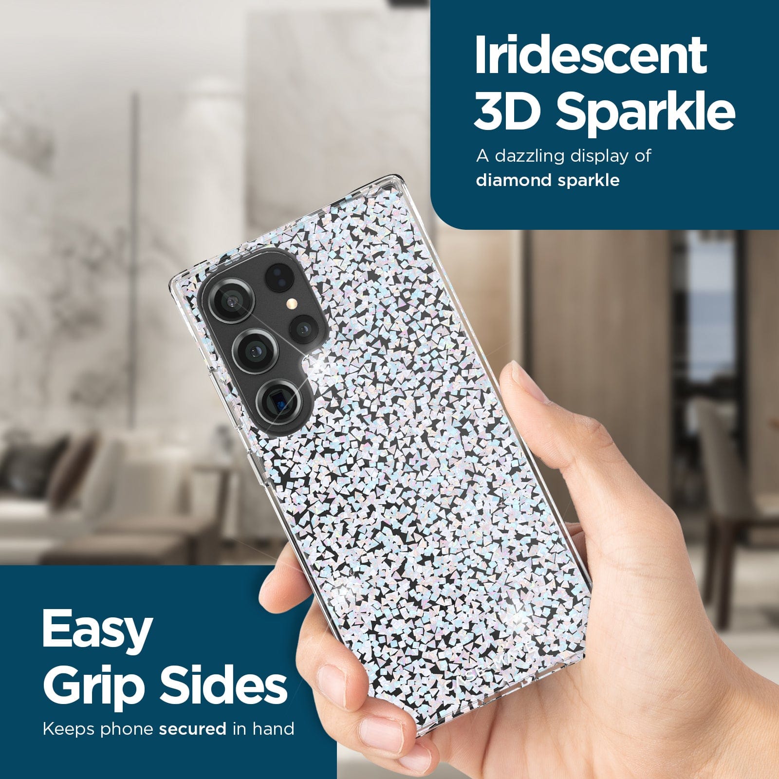IRIDESCENT 3D SPARKLE. A DAZZLING DISPLAY OF DIAMOND SPARKLE. EASY GRIP SIDES KEEPS PHONE SECURED IN HAND.