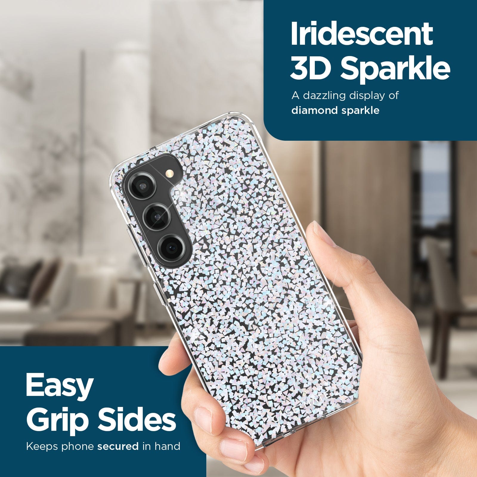 IRIDESCENT 3D SPARKLE. A DAZZLING DISPLAY OF DIAMOND SPARKLE. EASY GRIP SIDES. KEEPS PHONE SECURED IN HAND.