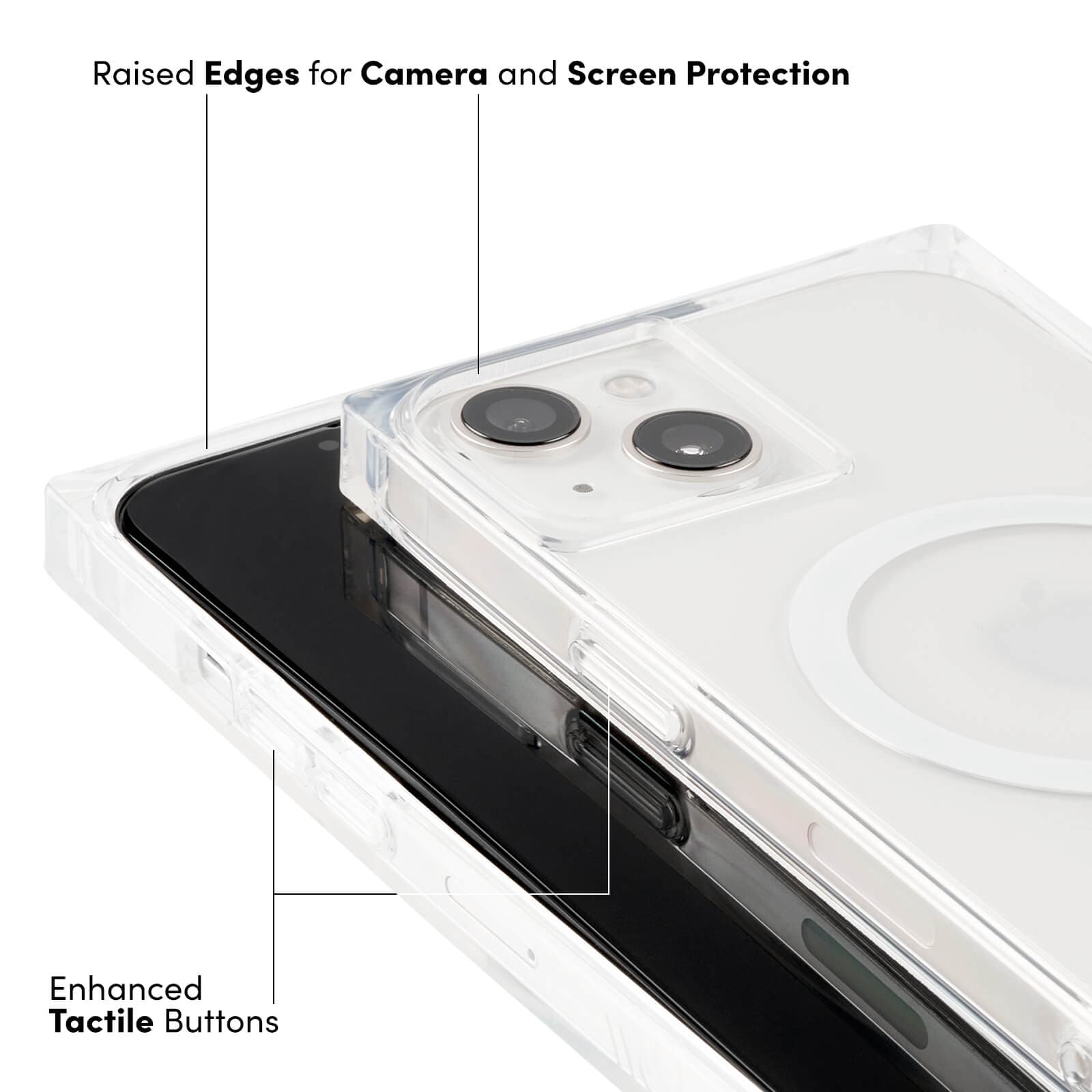 RAISED EDGED FOR CAMERA AND SCREEN PROTECTION, ENHANCES TACTILE BUTTONS. COLOR::CLEAR