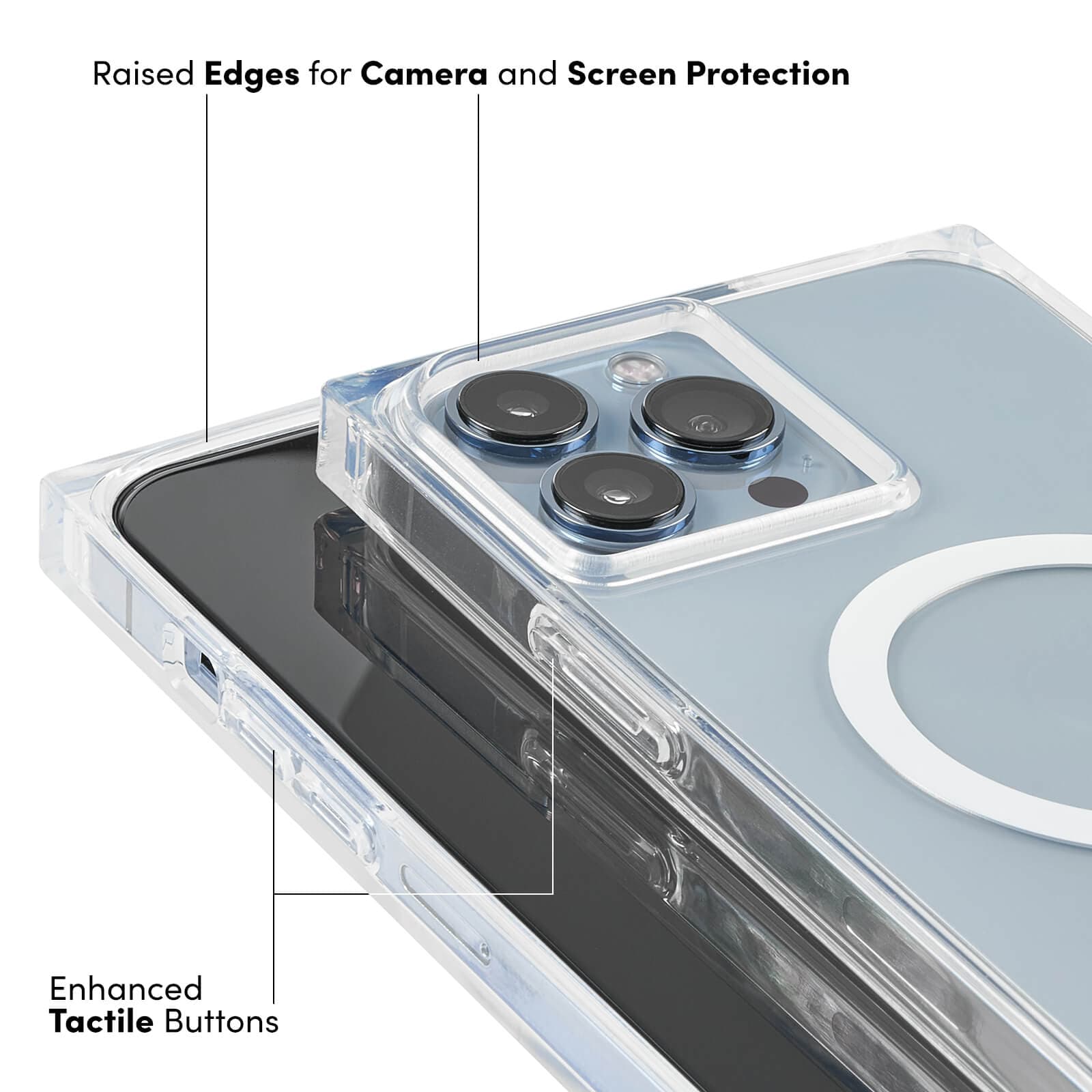 RAISED EDGES FOR CAMERA AND SCREEN PROTECTION, ENHANCED TACTILE BUTTONS. COLOR::CLEAR