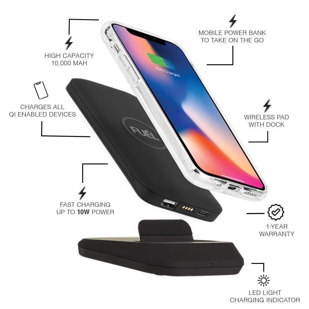 Features High Capacity 10,000 MAH, Charges All QI Enabled Devices, Fast Charging up to 10W Power, Mobile Power Bank to Take on the Go, Wireless Pad with Dock, 1-Year Warranty, LED light Charging Indicator. color::Black