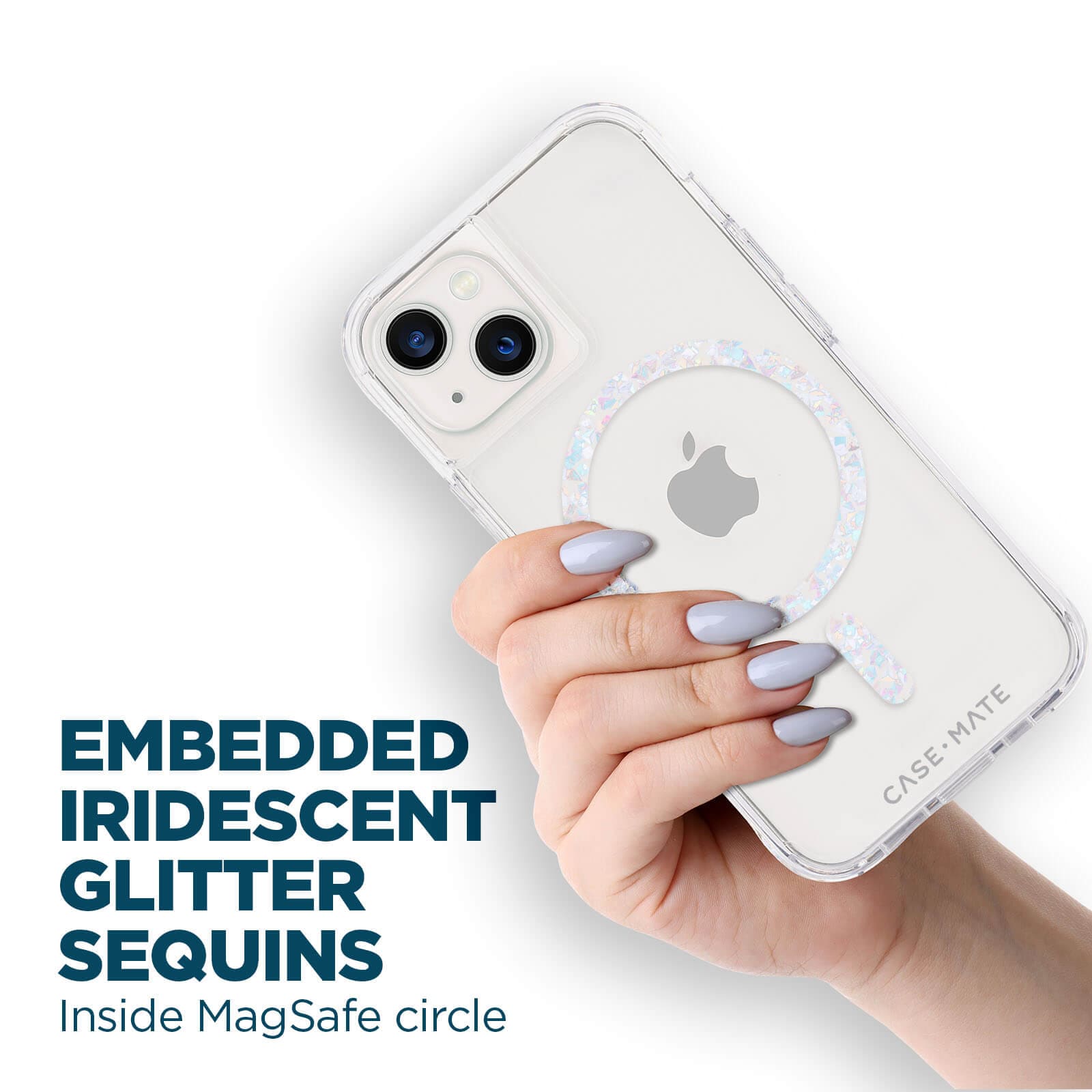 Embedded iridescent glitter sequins inside MagSafe circle. color::Twinkle Diamond