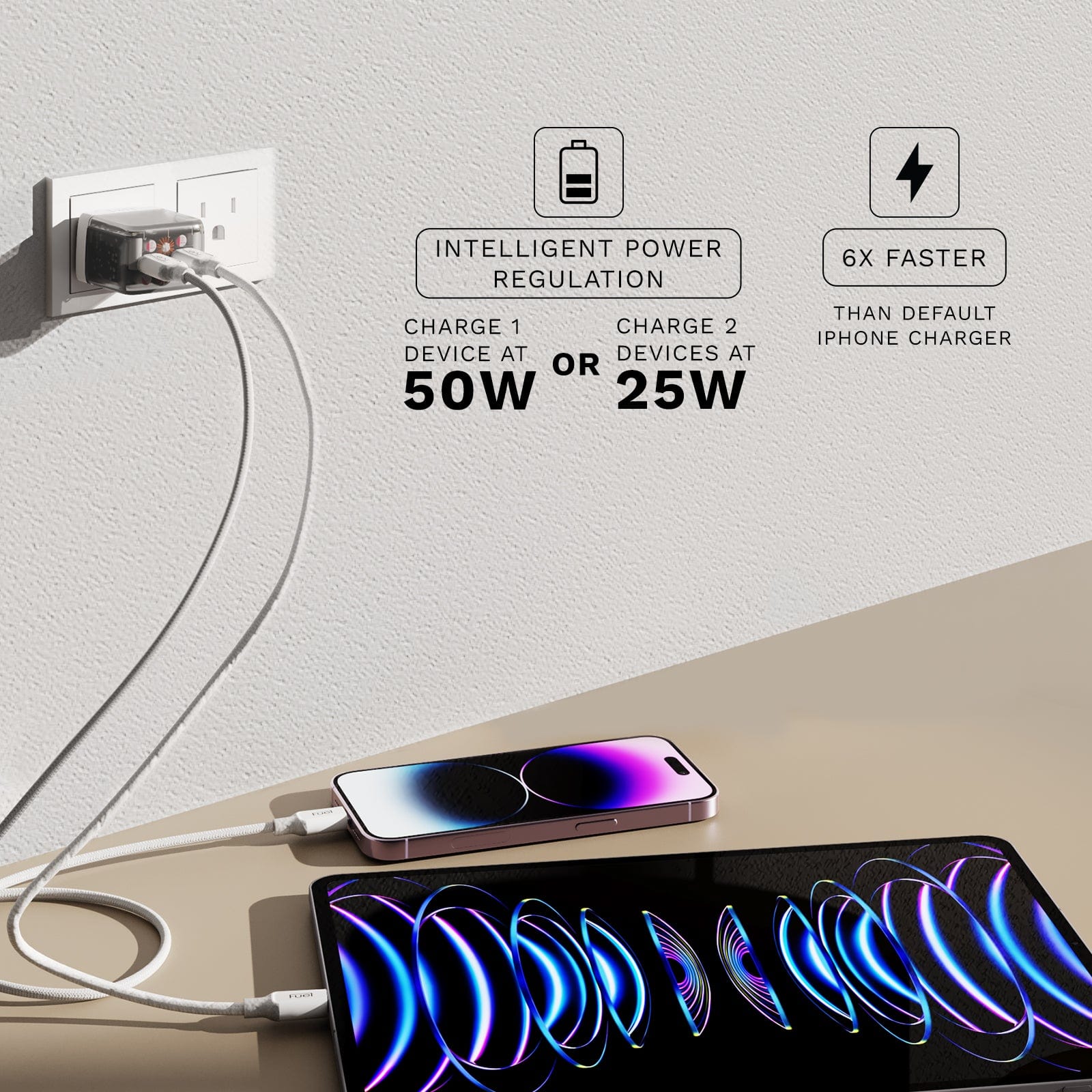 INTELLIGENT POWER REGULATION. CHARGE 1 DEVICE AT 50W OR CHARGE TWO DEVICES AT 25W. 6X FASTER THAN DEFAULT IPHONE CHARGER
