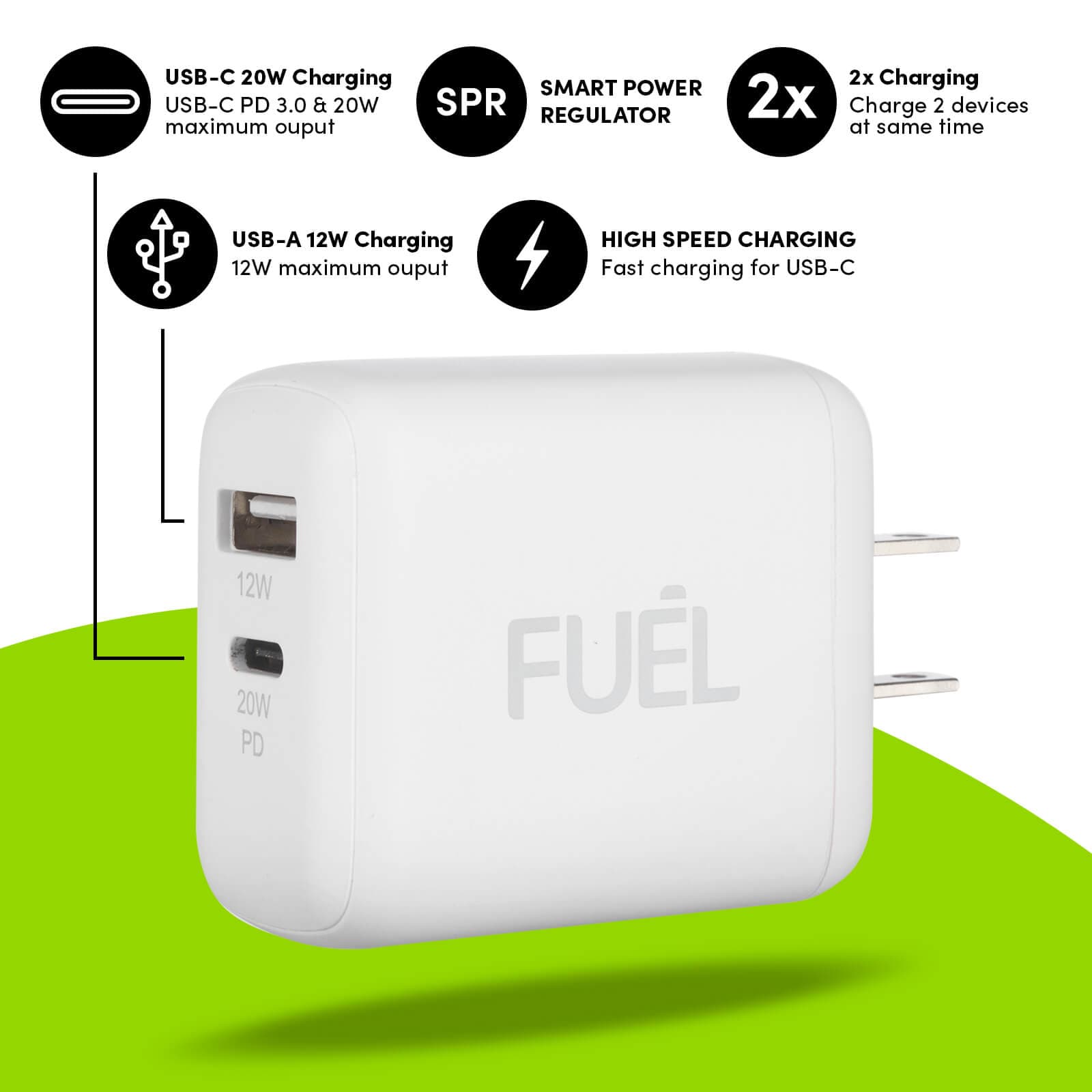 USB-C 20W Chargin. USB-c PD 3.0 & 20W maximum output. Smart Power Regulator. 2x Charging. Charge 2 devices at the same time. USB-A 12W Charging 12 W maximum output. High Speed Charging. Fast charging for USB-C. color::White