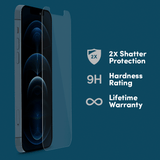 Features 2x Shatter Protection, 9H Hardness Rating, Lifetime Warranty. color::Clear