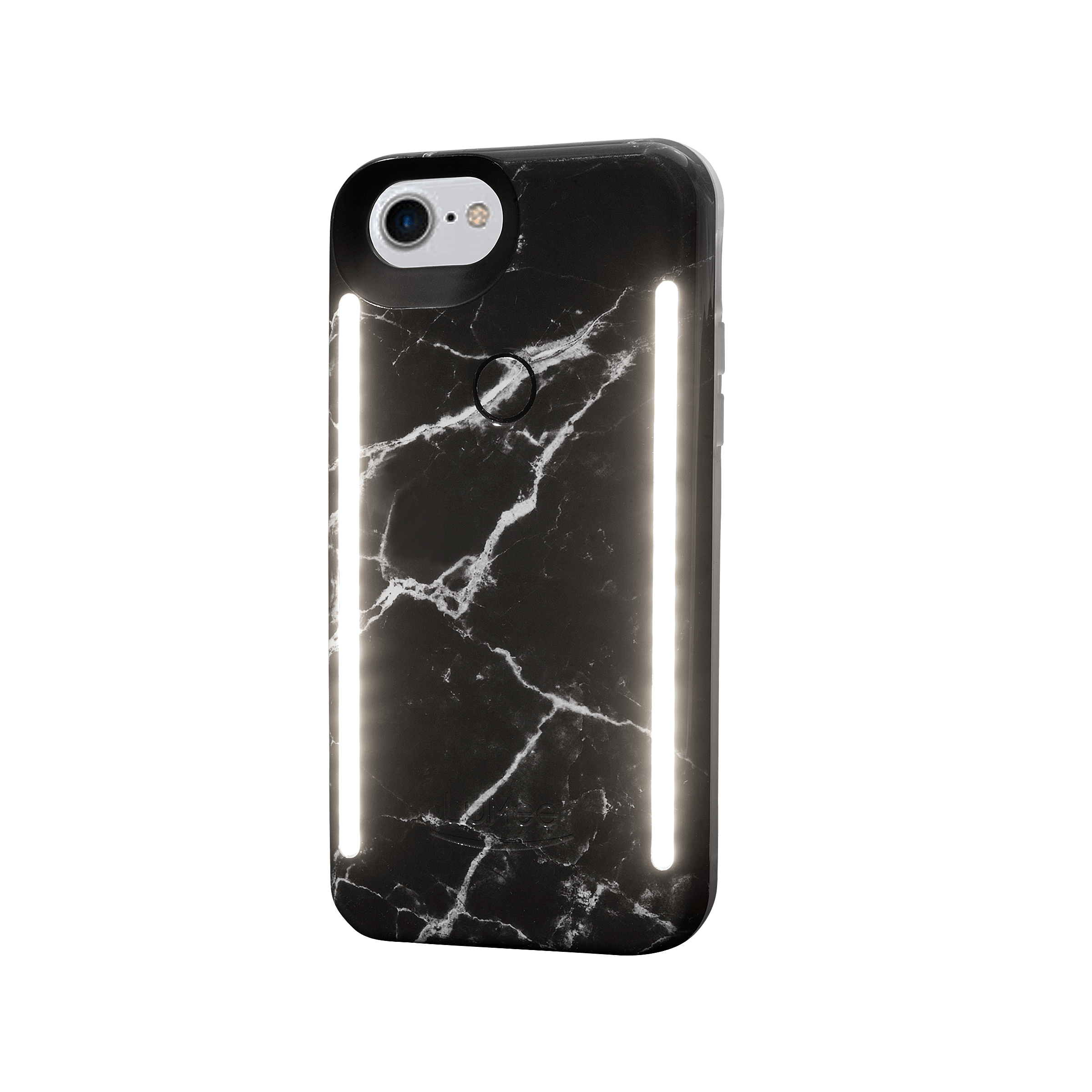 iPhone case with built in lights for selfies. color::Black Marble