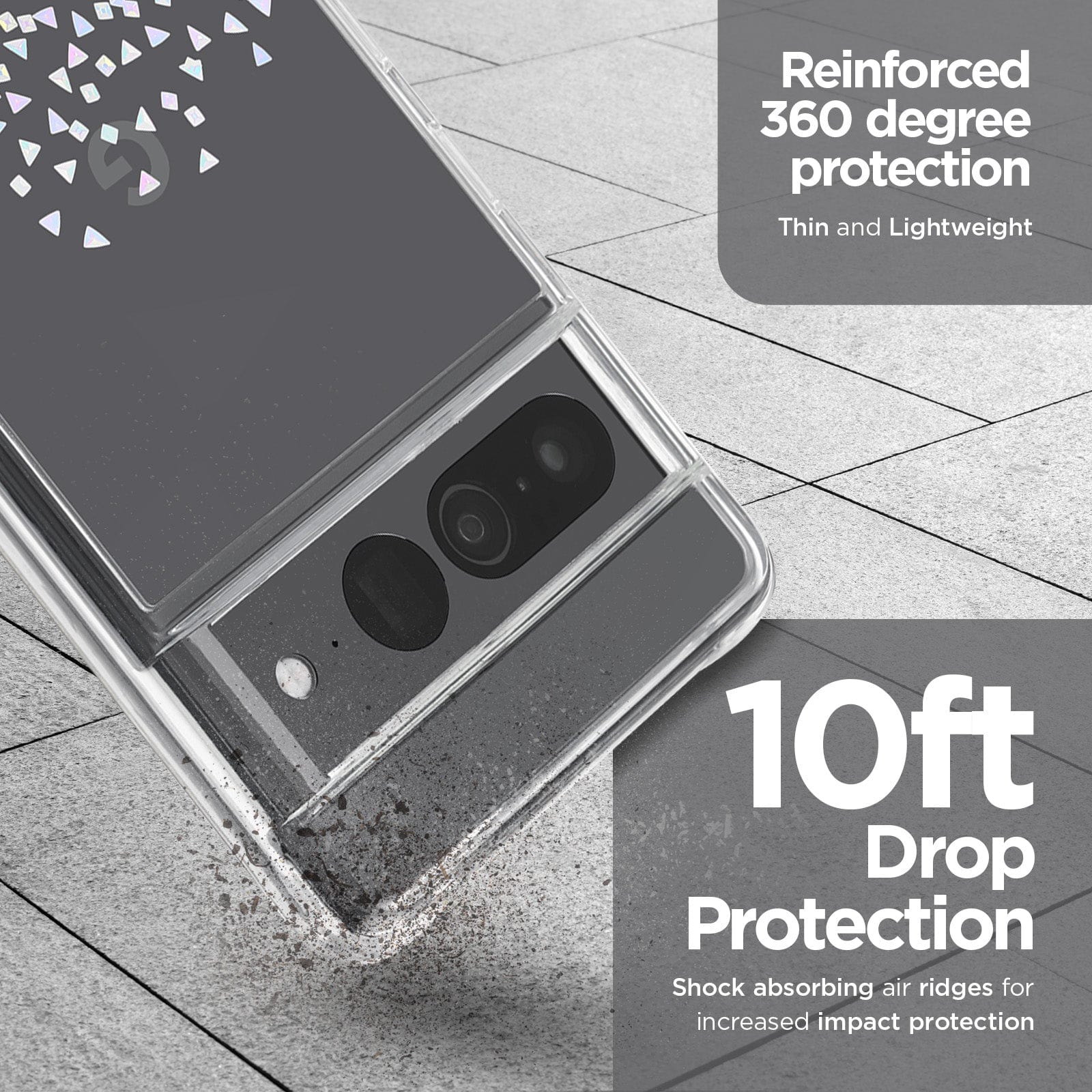 Reinforced 360 degree protection - thin and lightweight. 10ft drop protection with shock absorbing ridges for increased impact protection.