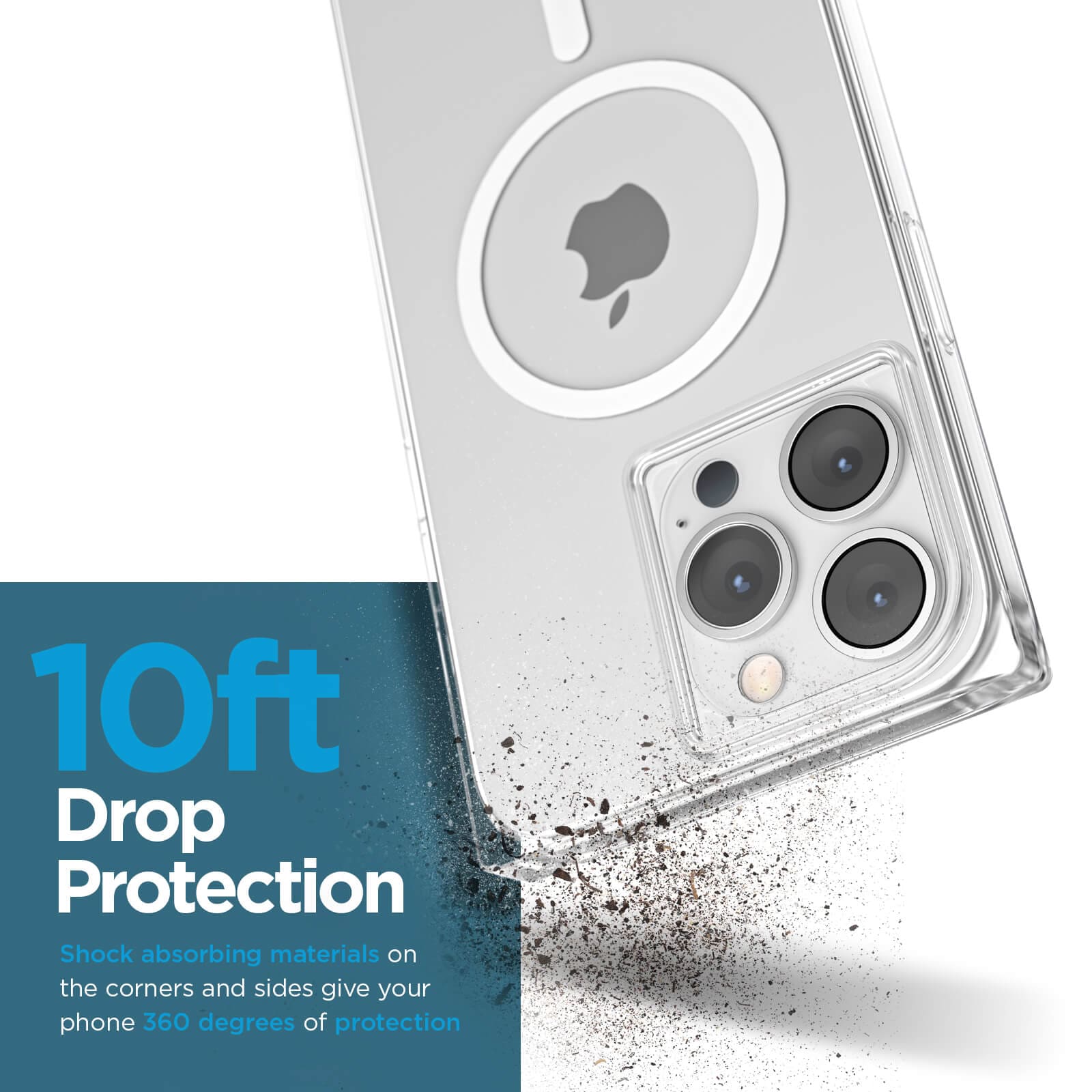 10ft drop protection. Shock absorbing materials on the corners and sides give your phone 360 degrees of protection. color::Clear