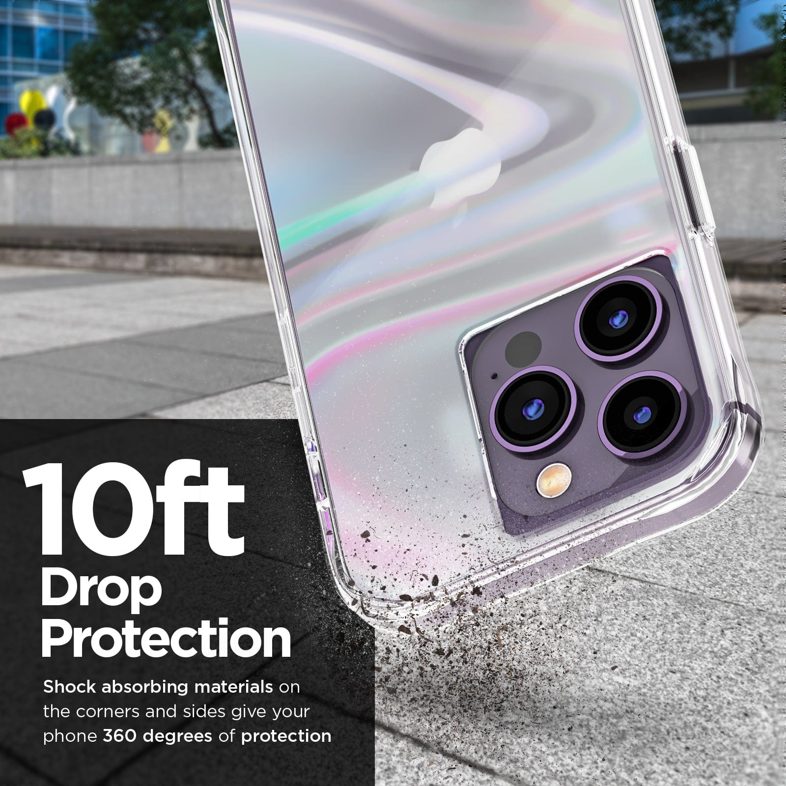 10FT DROP PROTECTION. SHOCK ABSORBING MATERIALS ON THE CORNERS AND SIDES GIVE YOUR PHONE 360 DEGREES OF PROTECTION
