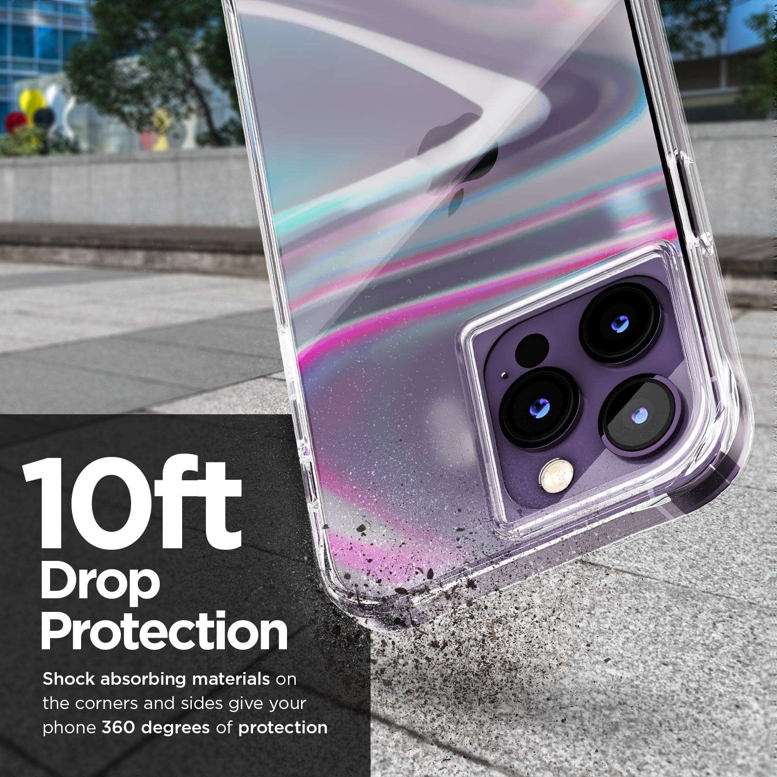 10FT DROP PROTECTION. SHOCK ABSORBING MATERIALS ON THE CORNERS AND SIDES GIVE YOUR PHONE 360 DEGREES OF PROTECTION. 