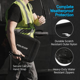 COMPLETE WEATHERPROOF PROTECTION. DURABLE SCRATCH RESISTANT OUTER NYLON. HEAVY-DUTY WATER RESISTANT  ZIPPER. SECURE CARRYING HAND STRAP.
