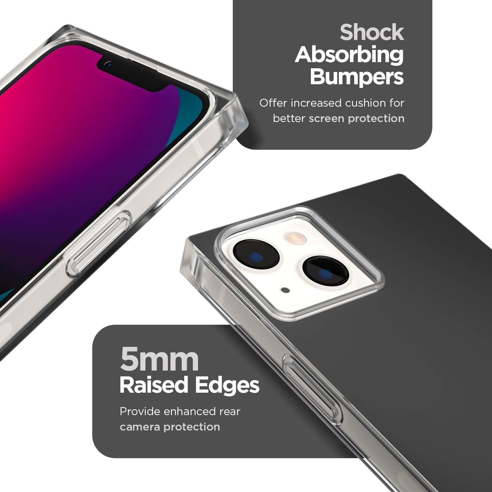 Shock absorbing bumpers. Offer increased cushion for better screen protection. 5mm raised edges provide enhanced rear camera protection. color::Black