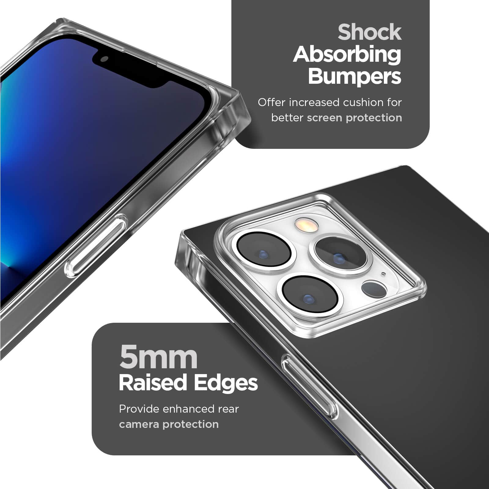 Shock absorbing bumpers offer increased cushion for better screen protection. 5mm raised edges provide enhanced rear camera protection. color::Black
