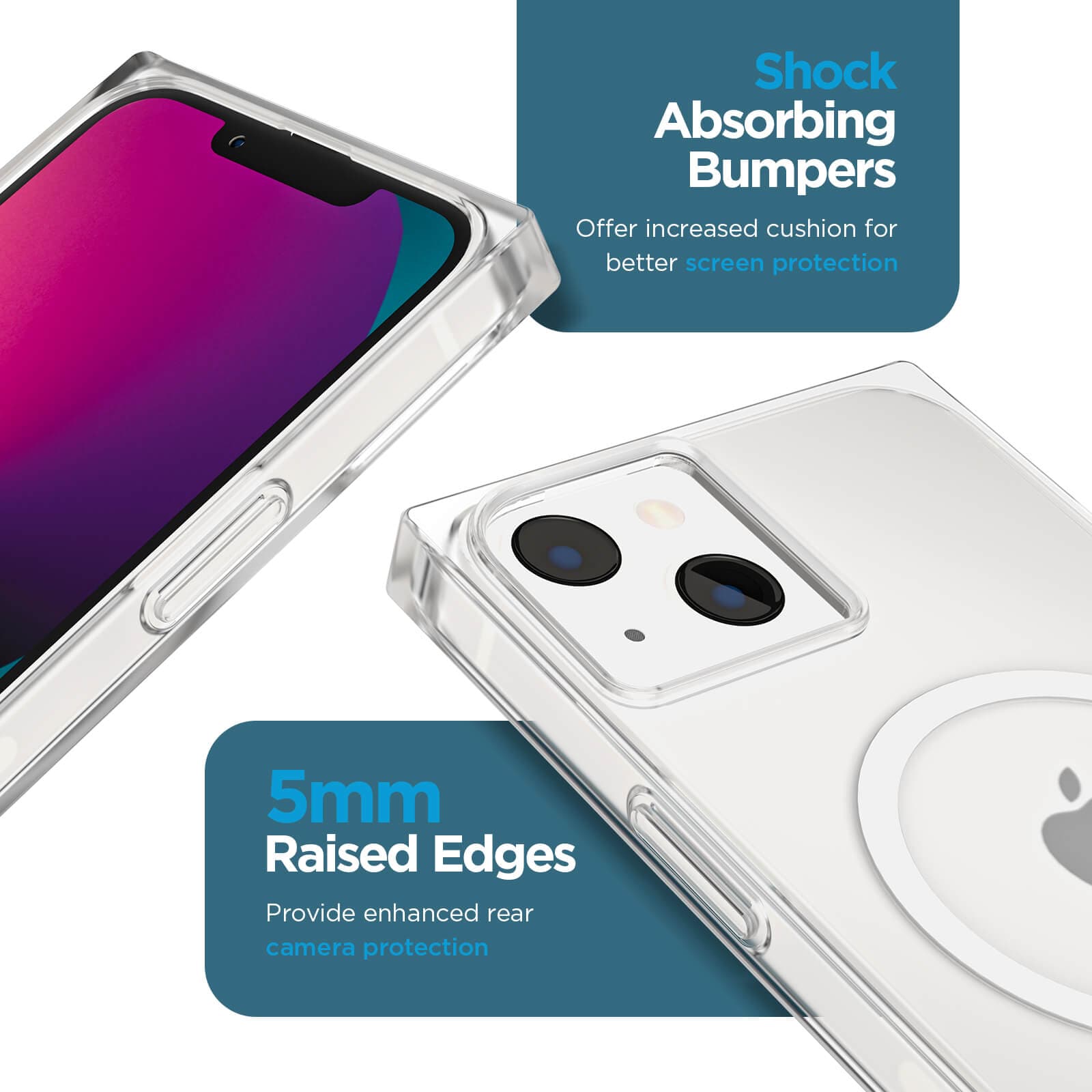 Shock absorbing bumpers offer increased cushion for better screen protection. 5mm raised edges provide enhanced rear camera protection. color::Clear