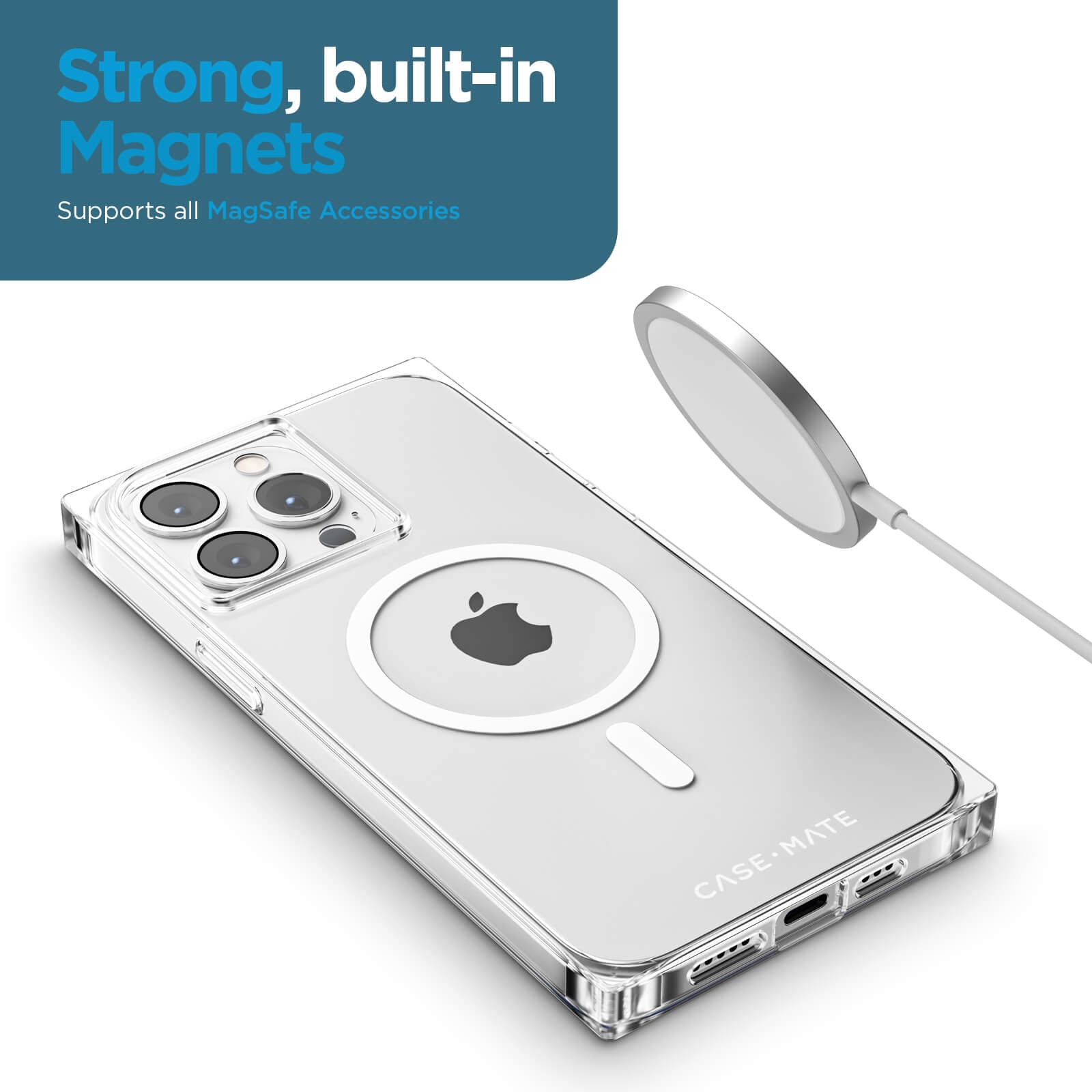 Strong, built-in magnets supports all MagSafe accessories. color::Clear