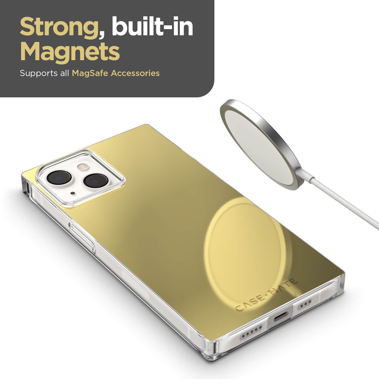 Strong, built-in magnets. Supports all MagSafe accessories. color::Gold