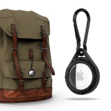 Black rubber AirTag case with carabiner clip and white Apple logo facing forward.