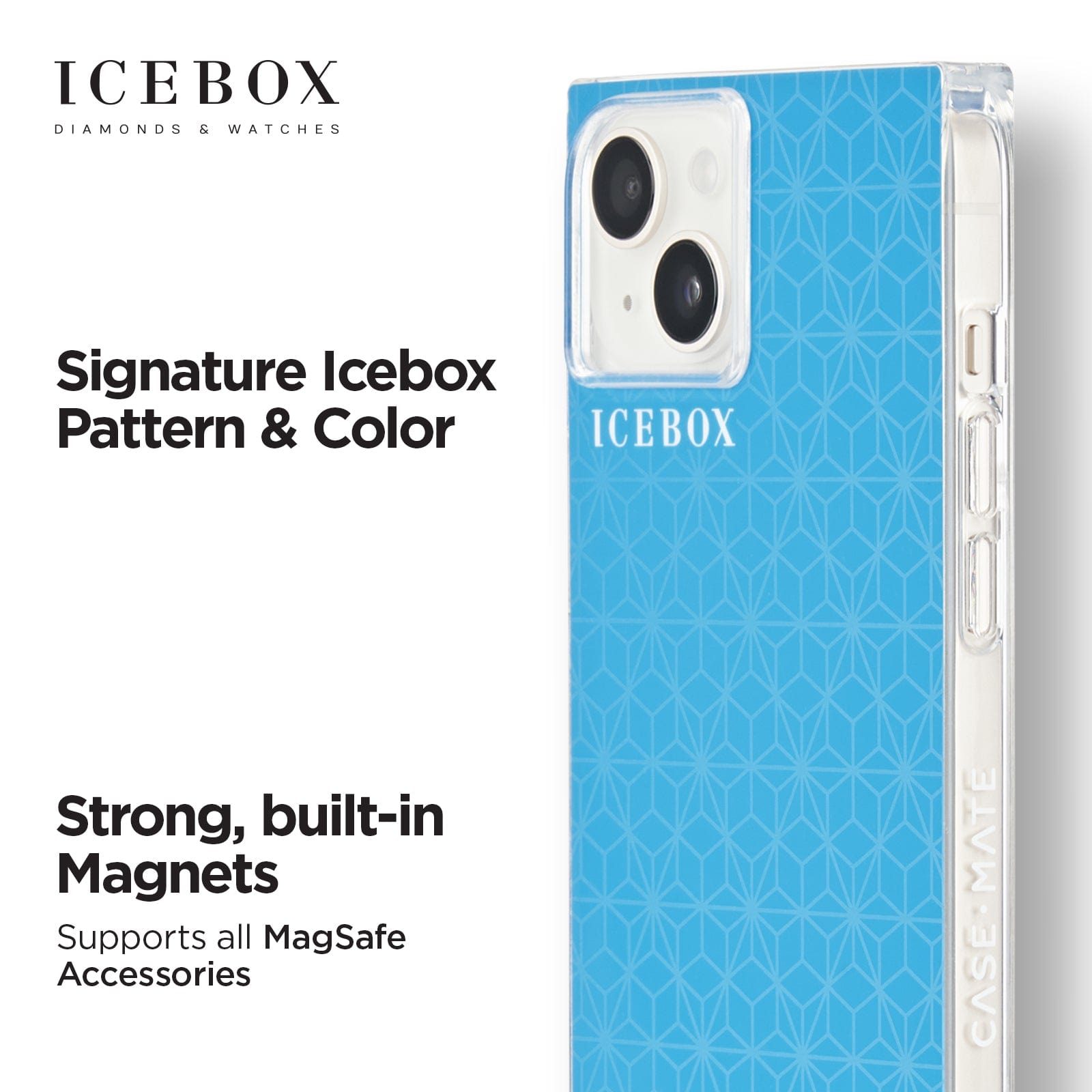 SIGNATURE ICEBOX PATTERN AND COLOR. STRONG, BUILT-IN MAGNETS SUPPORTS ALL MAGSAFE ACCESSORIES