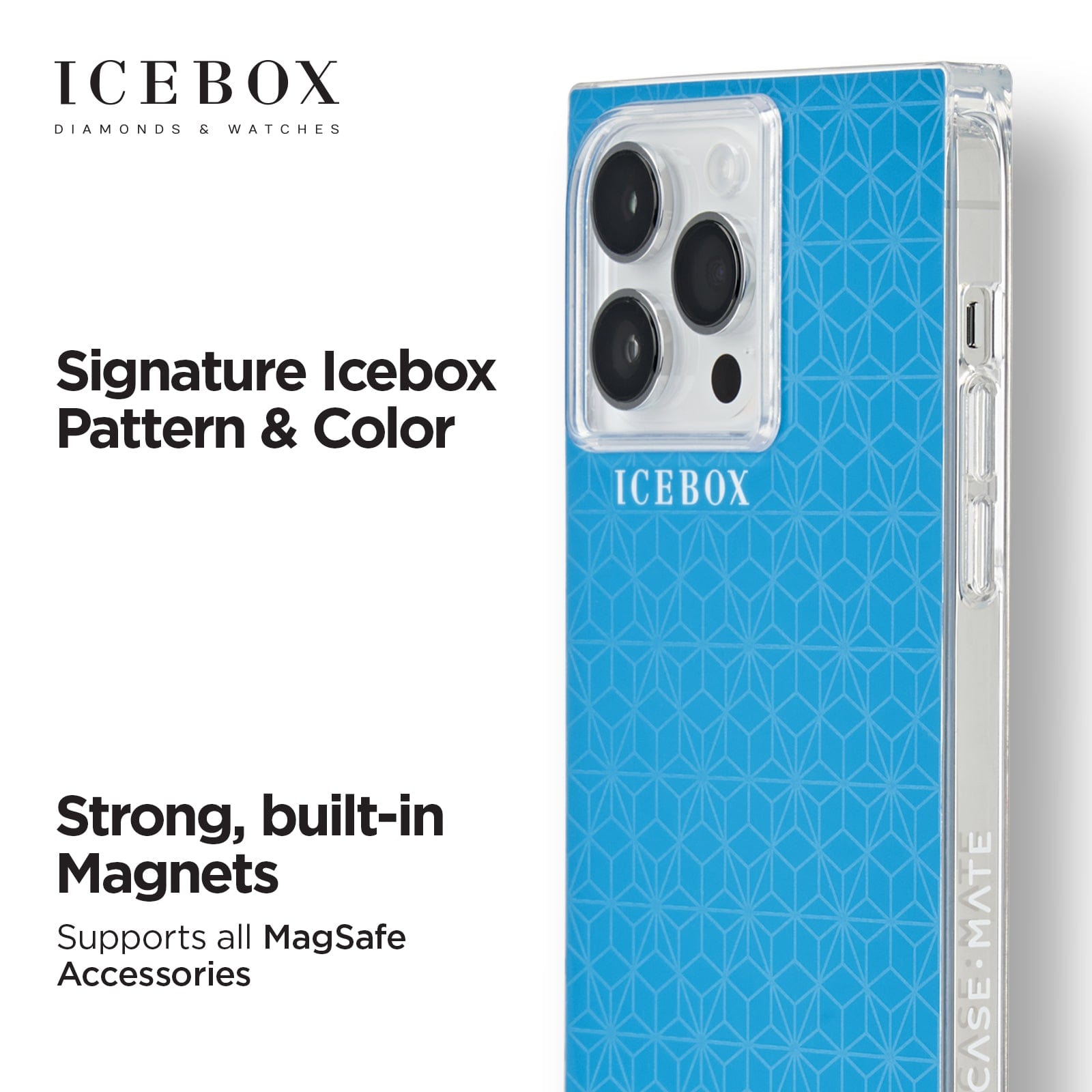 SIGNATURE ICEBOX PATTERN AND COLOR. STRONG, BUILT-IN MAGNETS SUPPORTS ALL MAGSAFE ACCESSORIES