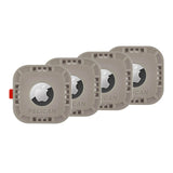 Four grey square AirTag sticker mounts with rounded corners, each displaying an Apple logo cutout and Pelican branding.