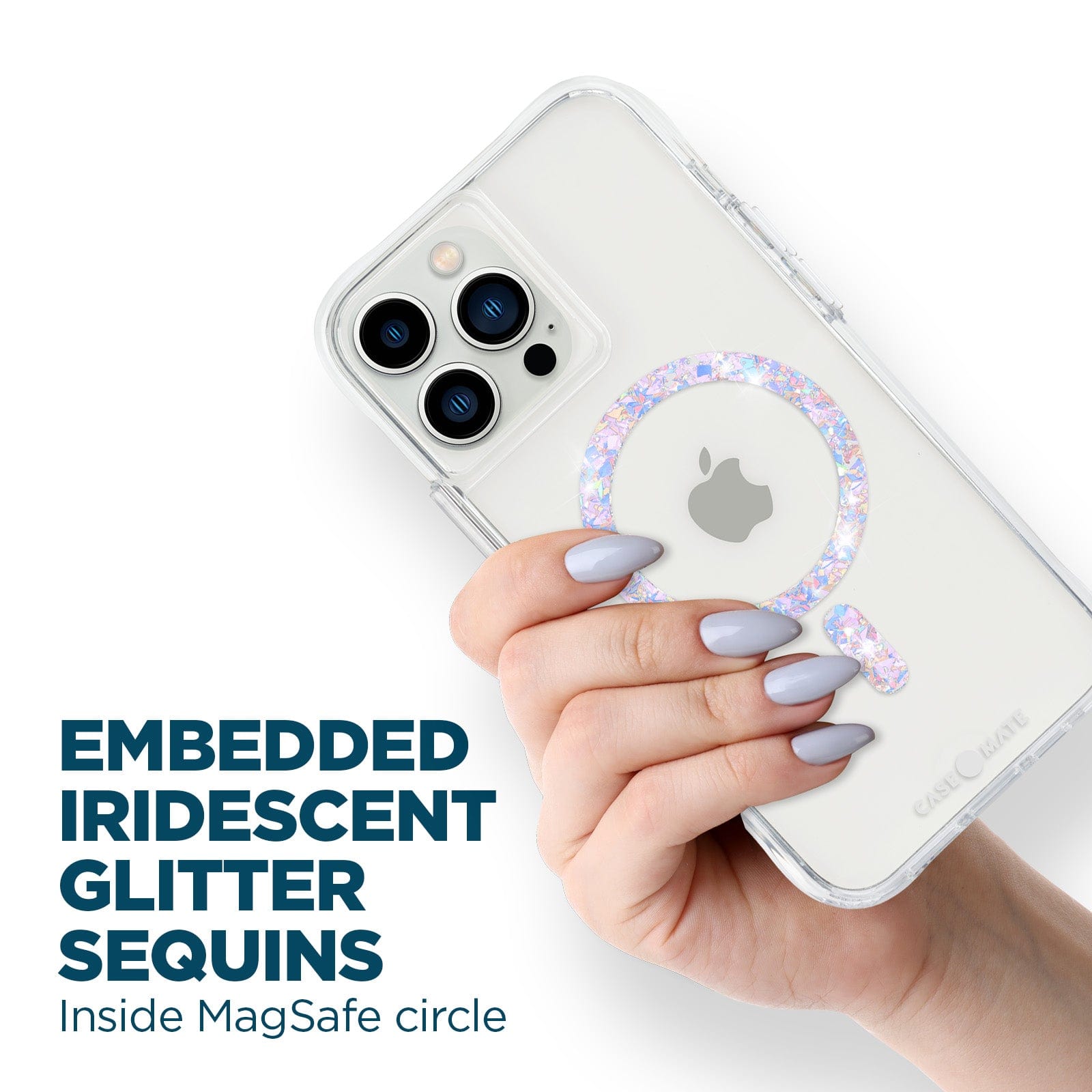 Embedded iridescent glitter sequins inside MagSafe circle. color::Twinkle Diamond