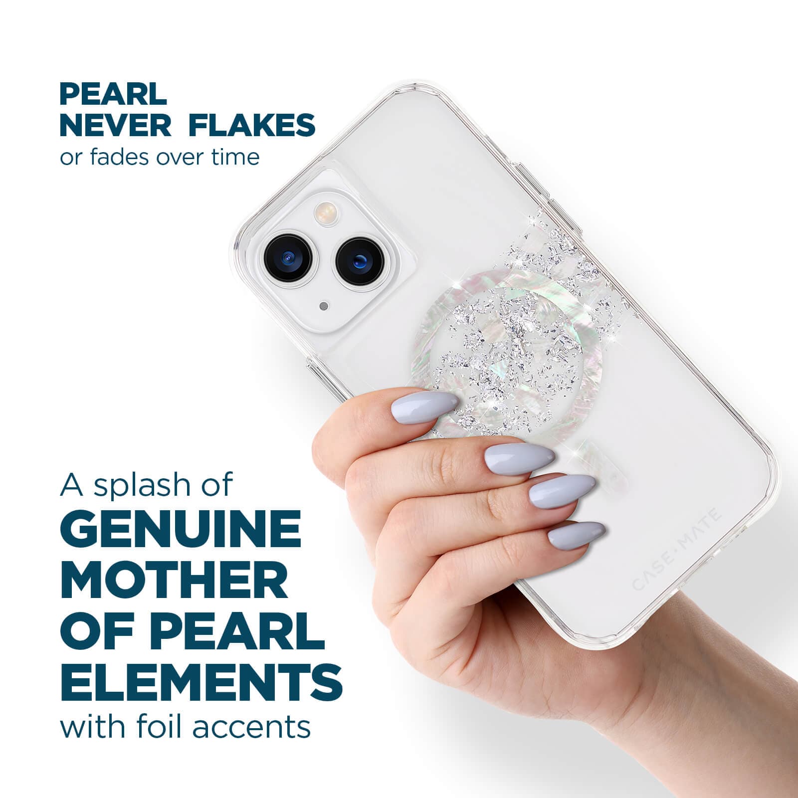 Pearl never flakes or fades over time. A splash of genuine mother of pearl elements with foil accents. color::Pearl