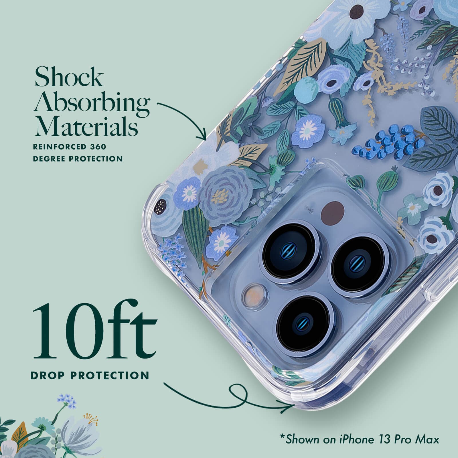 Shock absorbing materials reinforced 360 degree protection. 10ft drop protection. Shown on iPhone 13 Pro Max. color::Garden Party Blue