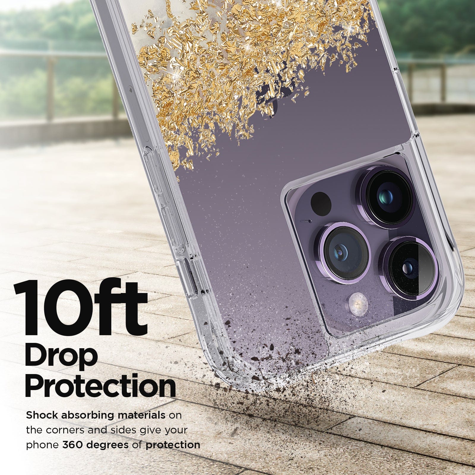 10FT DROP PROTECTION. SHOCK ABSORBING MATERIALS ONT HE CORNERS AND SIDES GIVE YOUR PHONE 260 DEGREES OF PROTECTION. 