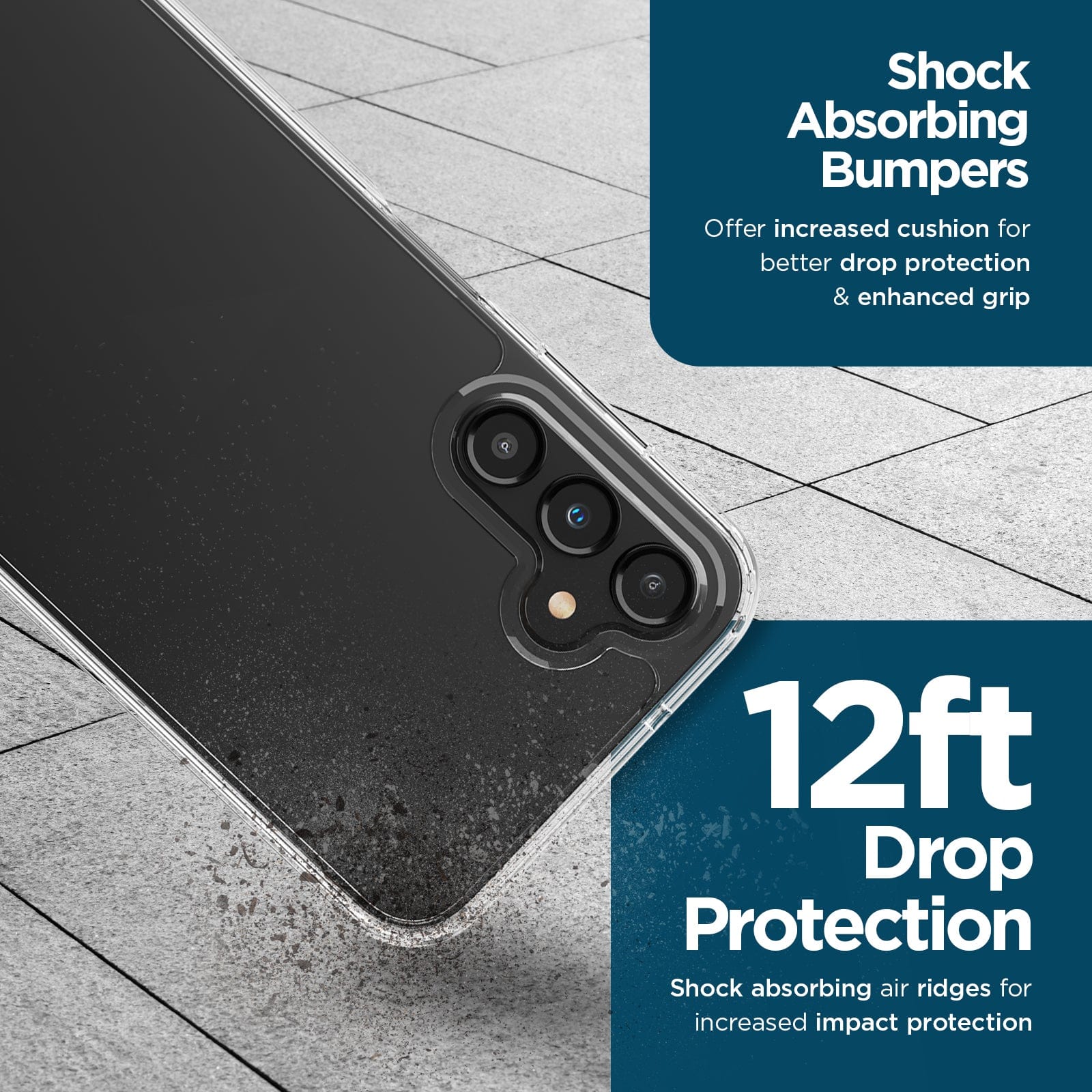 SHOCK ABSORBING BUMPERS OFFER INCREASED CUSHION FOR BETTER DROP PROTECTION AND ENHANCED GRIP. 12FT DROP PROTECTION SHOCK ABSORBING AIR RIDGES FOR INCREASED IMPACT PROTECTION.