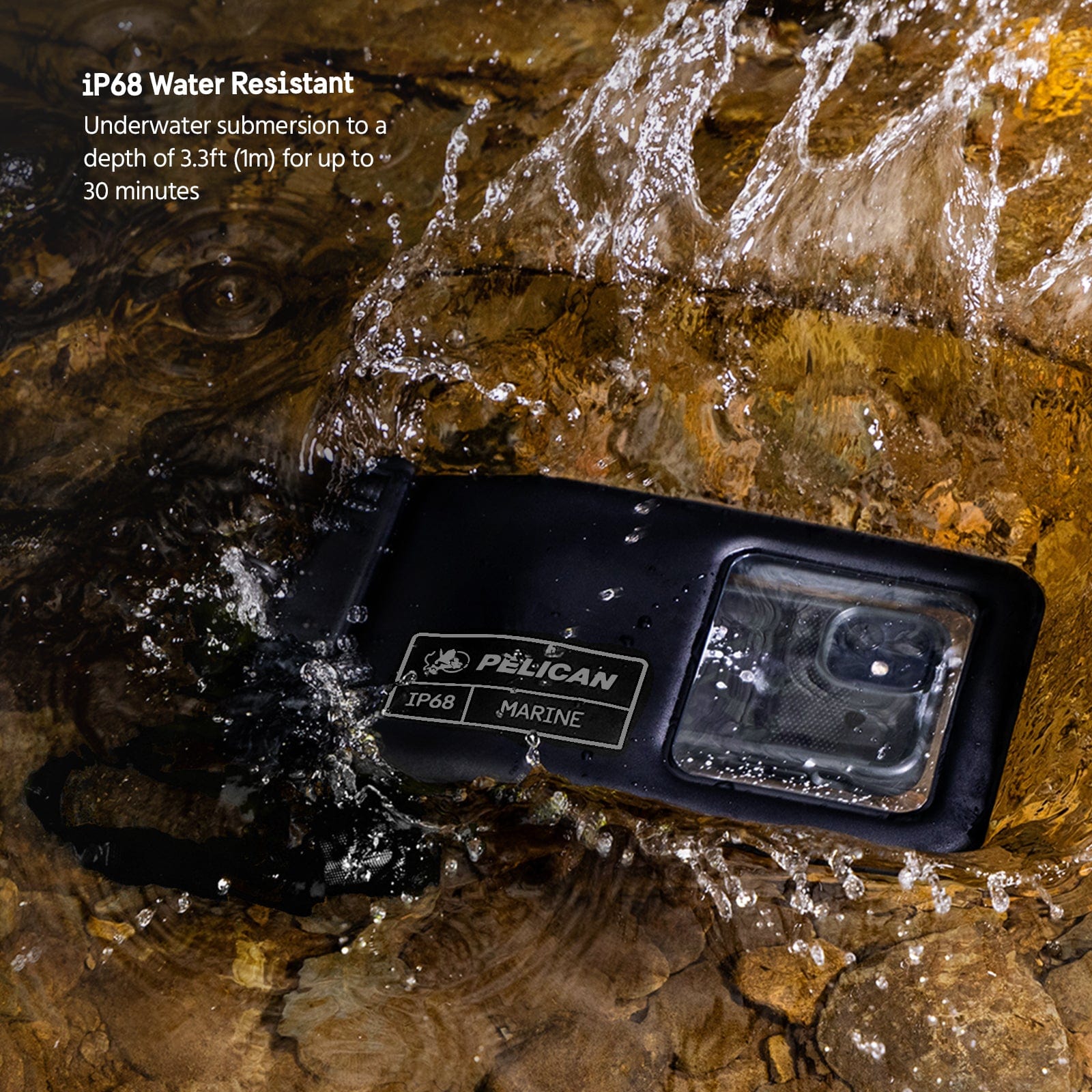 ip68 Water Resistant. Underwater submersion to a depth of 3.3 ft (1m) for up to 30 minutes.