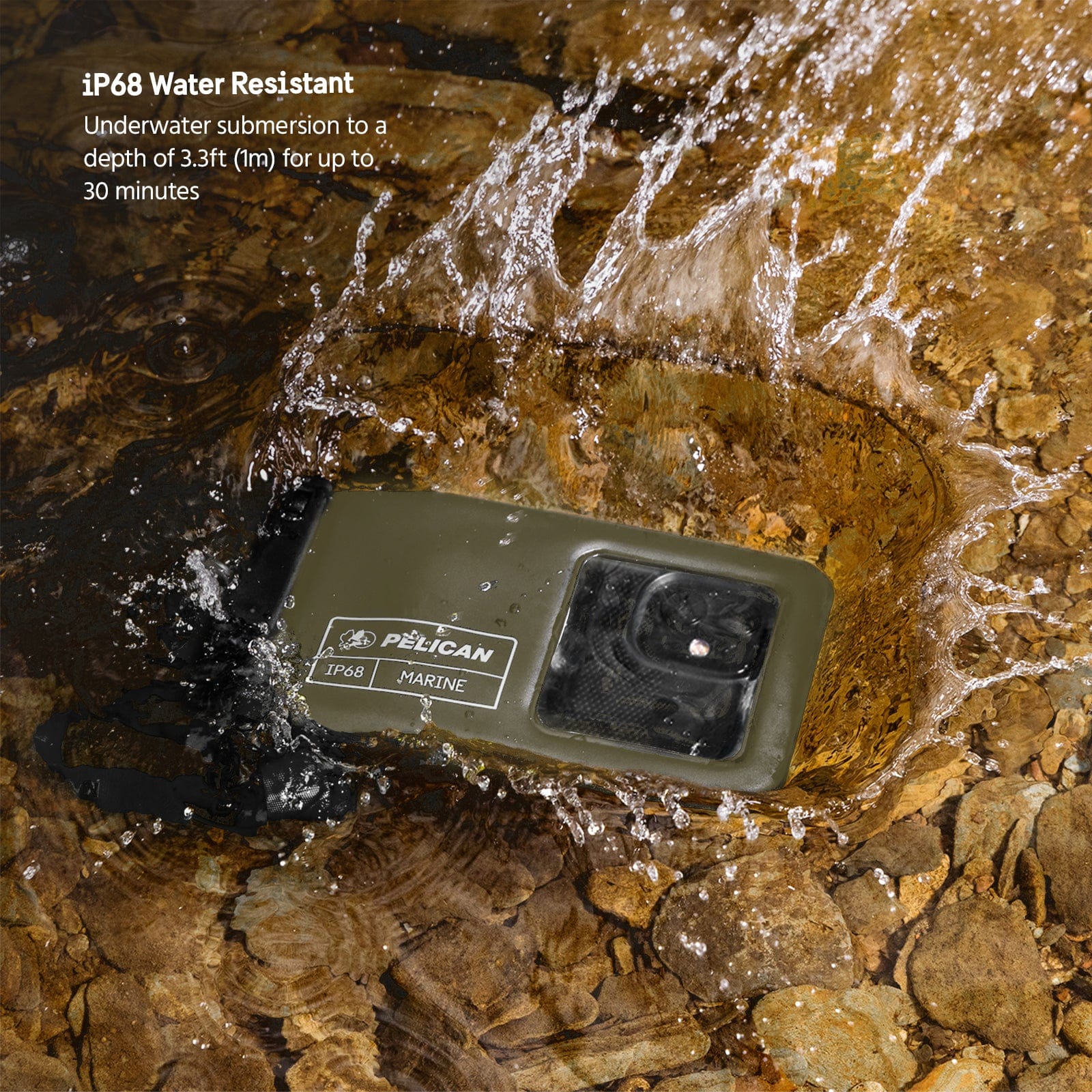 ip68 Water Resistant. Underwater submersion to a depth of 3.3ft (1m) for up to 30 minutes.