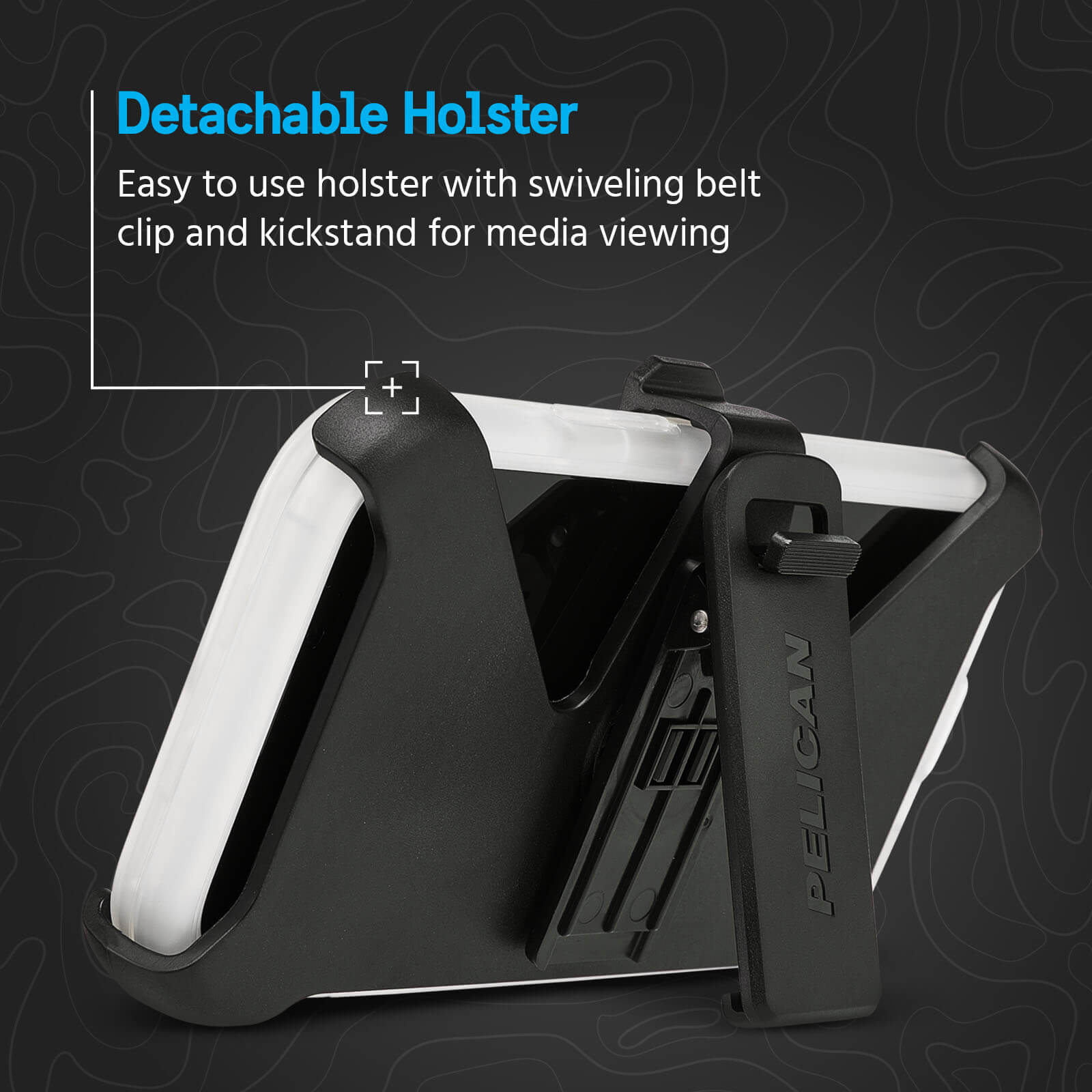 Detachable holster. Easy to use holster with a swiveling belt clip and kickstand for media viewing. color::Clear