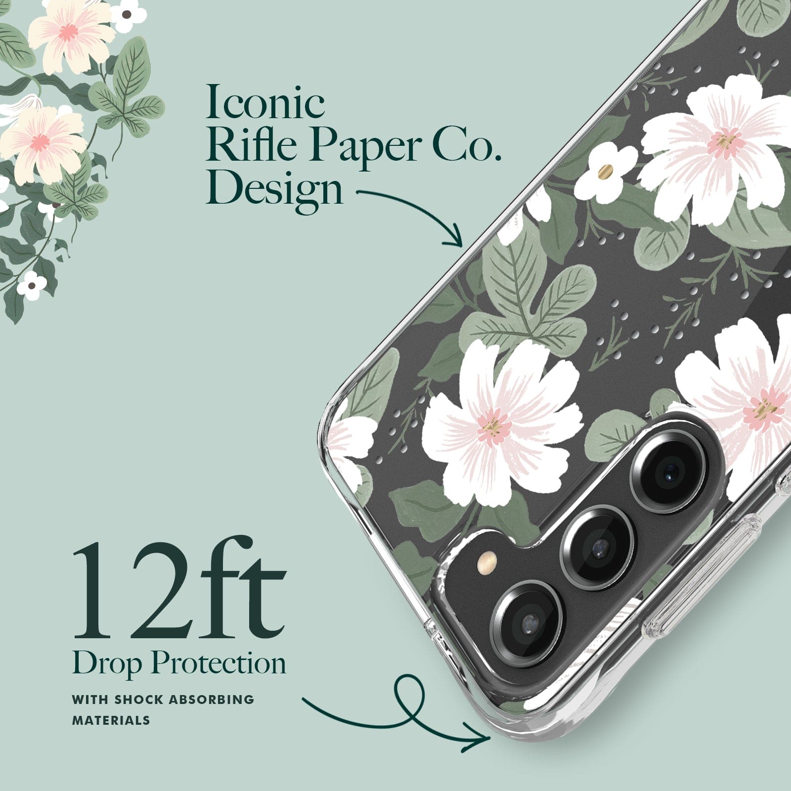 ICONIC RIFLE PAPER CO. DESIGN. 12 FT DROP PROTECTION WITH SHOCK ABSORBING MATERIALS.