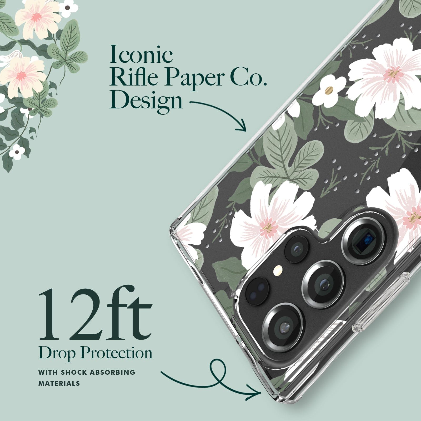 ICONIC RIFLE PAPER CO. DESIGN. 12 FT DROP PROTECTION WITH SHOCK ABSORBING MATERIALS.