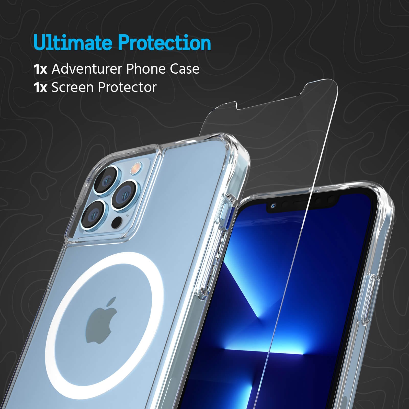 ULTIMATE PROTECTION. 1X ADVENTURER CASE, 1X SCREEN PROTECTOR COLOR::CLEAR