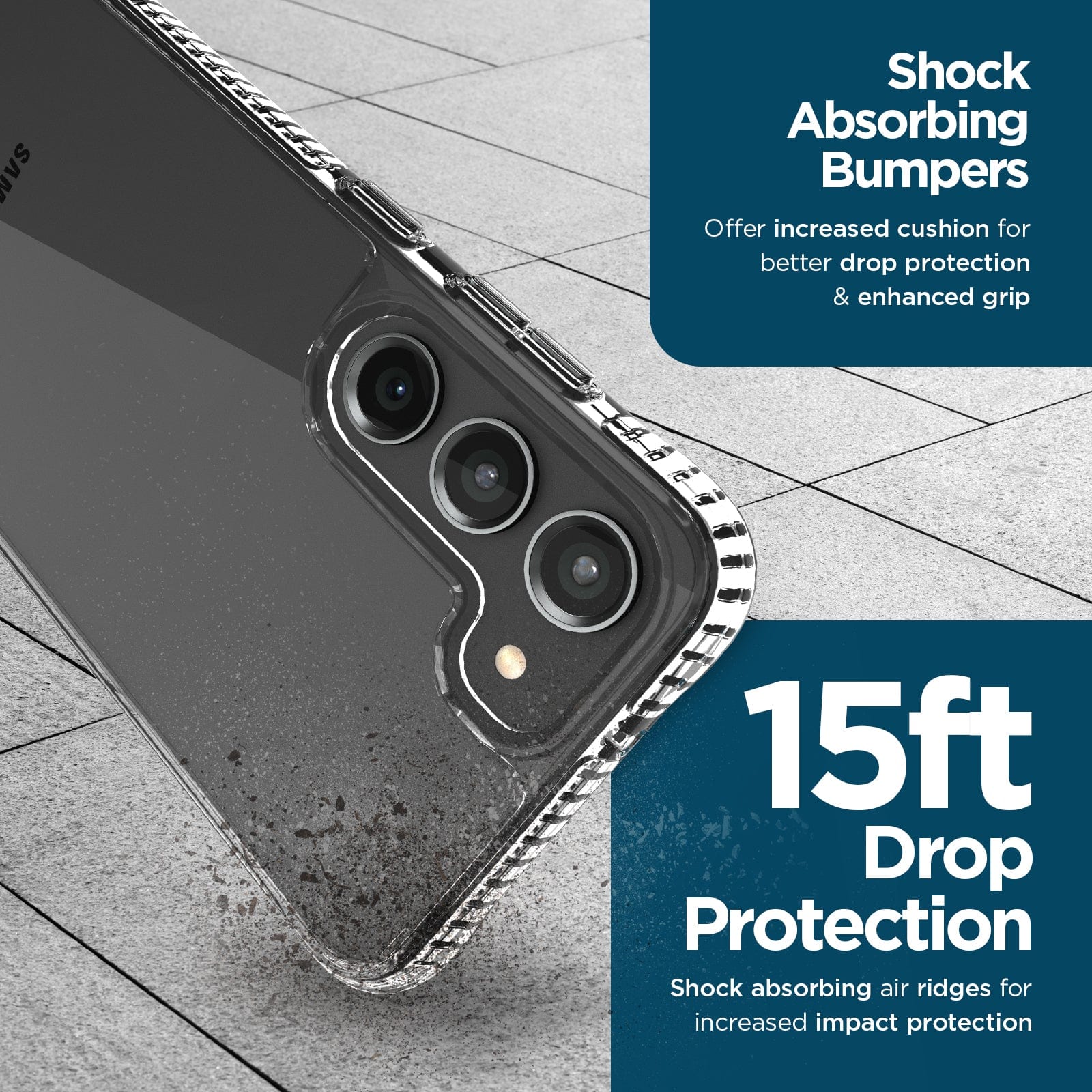SHOCK ABSORBING BUMPERS. OFFER INCREASED CUSHION FOR BETTER DROP PROTECTION & ENHANCED GRIP. 15FT DROP PROTECTION. SHOCK ABSORBING AIR RIDGES FOR INCREASED IMPACT PROTECTION.