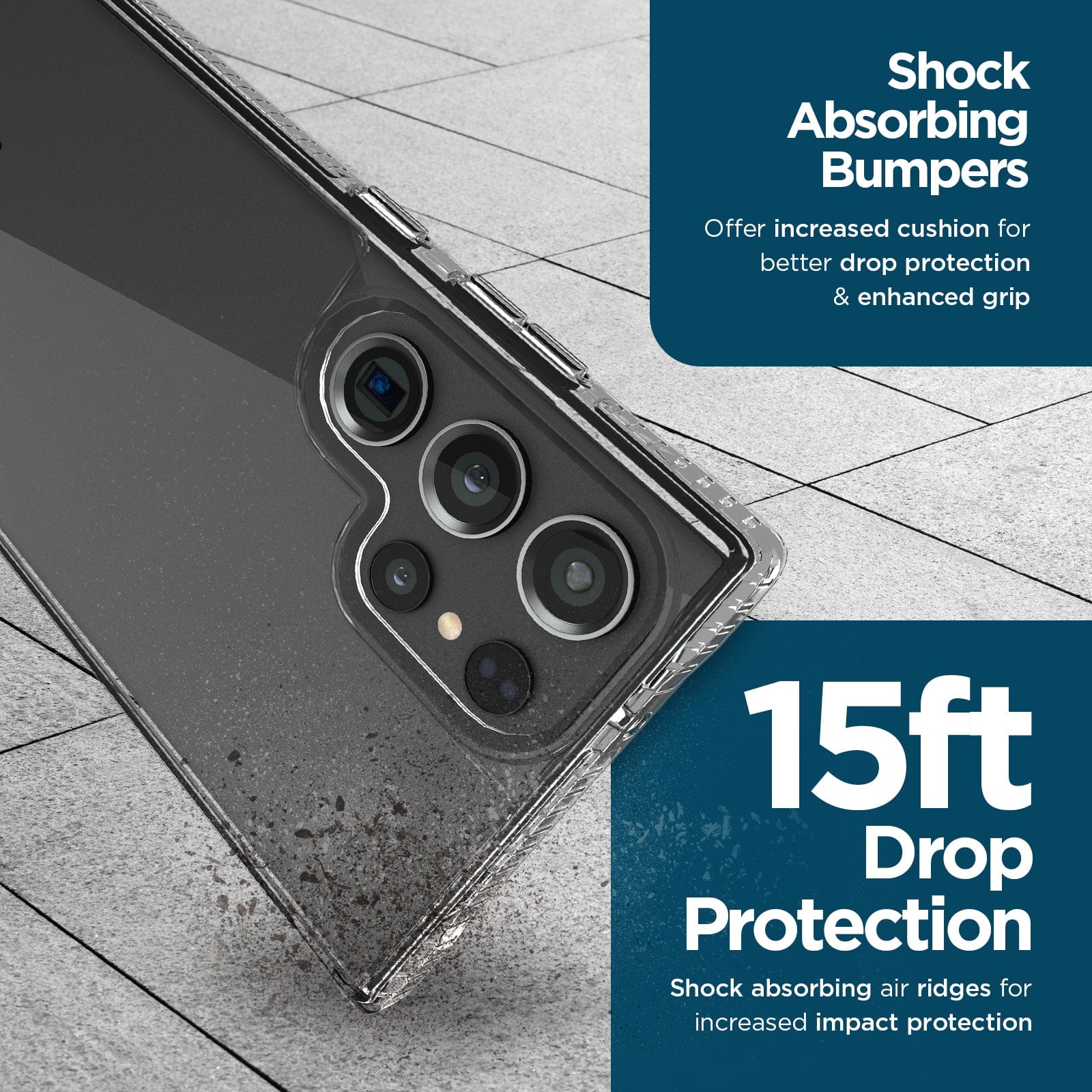 SHOCK ABSORBING BUMPERS. OFFER INCREASED CUSHION FOR BETTER DROP PROTECTION & ENHANCED GRIP. 15FT DROP PROTECTION. SHOCK ABSORBING AIR RIDGES FOR INCREASED IMPACT PROTECTION.