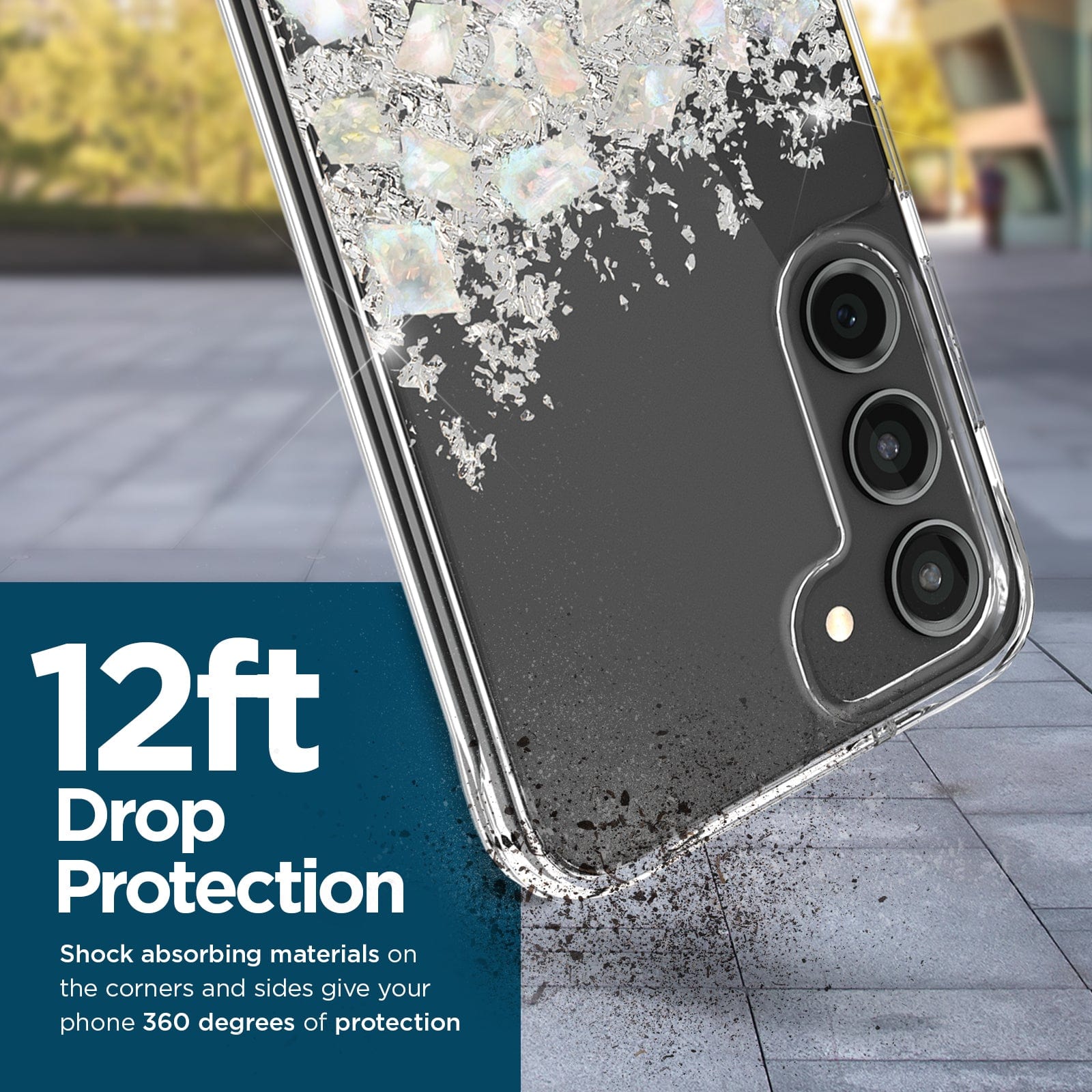 12ft DROP PROTECTION. SHOCK ABSORBING MATERIALS ON THE CORNERS AND SIDES GIVE YOUR PHONE 360 DEGREES OF PROTECTION. 